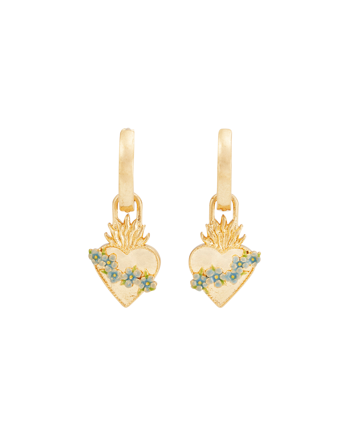 Gold Sacred Heart Huggie Earrings on a white background