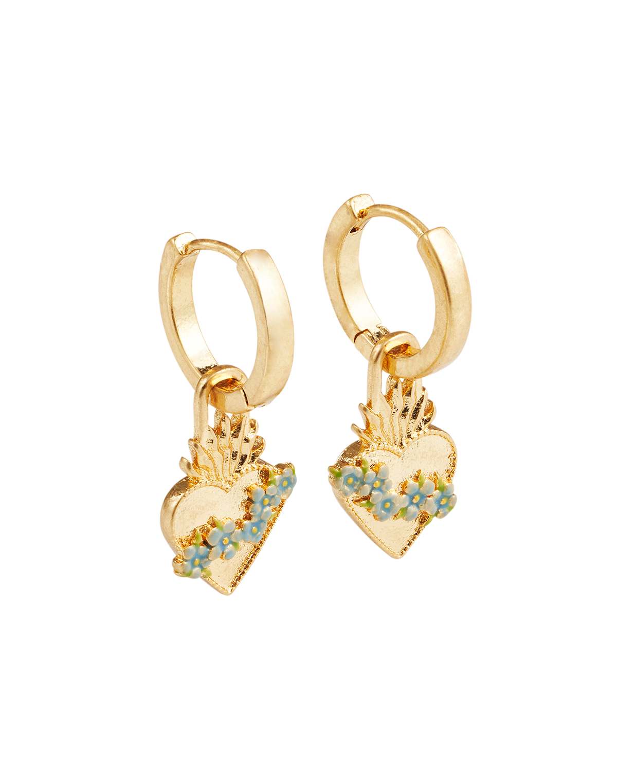 Gold Sacred Heart Huggie Earrings on a white background