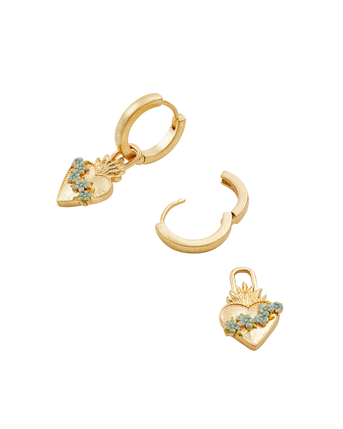 Gold Sacred Heart Huggie Earrings on a white background