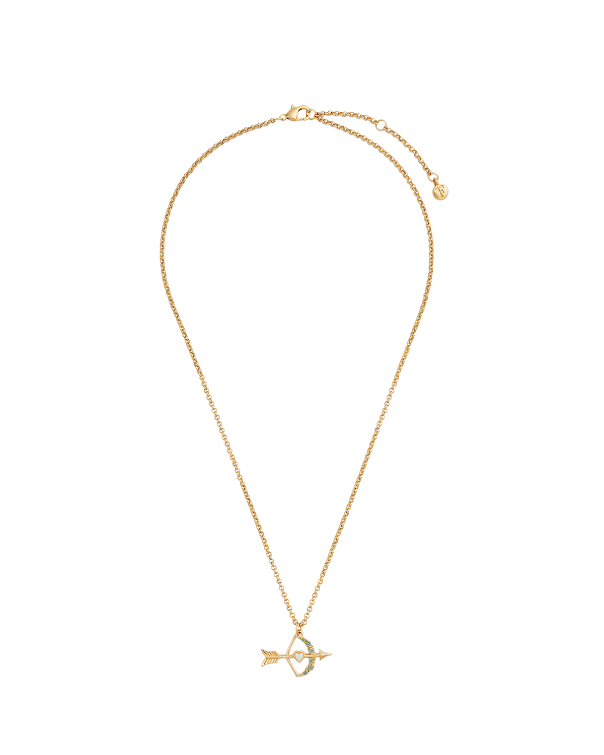 Gold Cupids Bow & Arrow Necklace on a white background