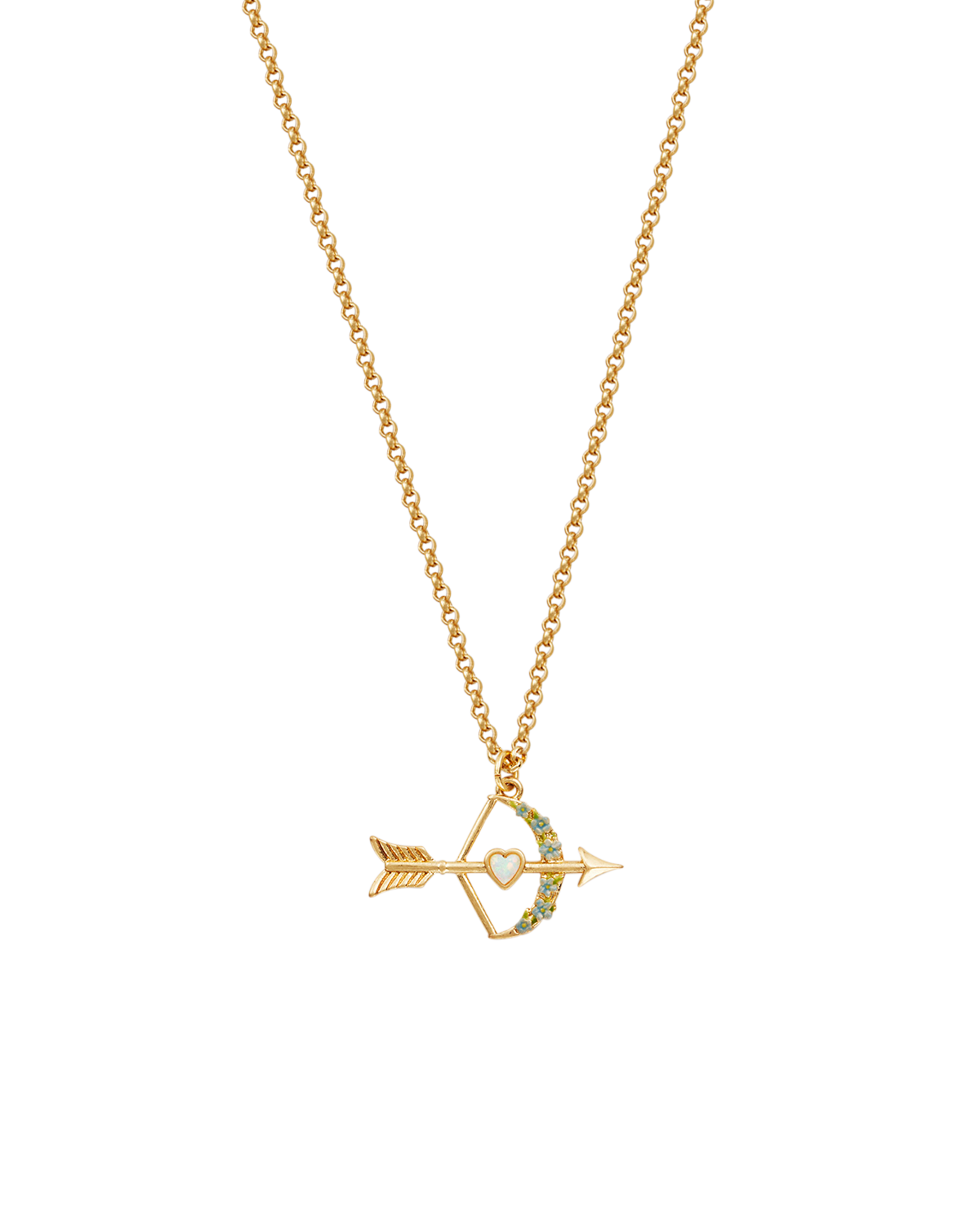 Gold Cupids Bow & Arrow Necklace on a white background