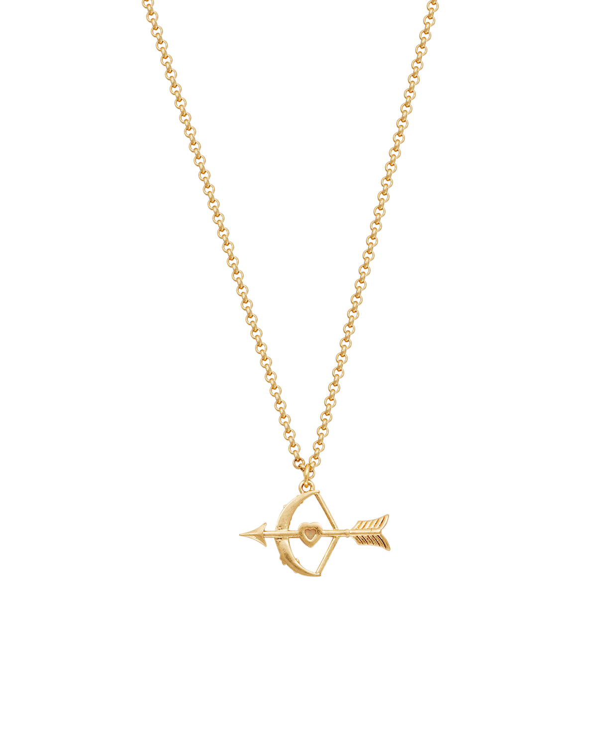 Gold Cupids Bow & Arrow Necklace on a white background