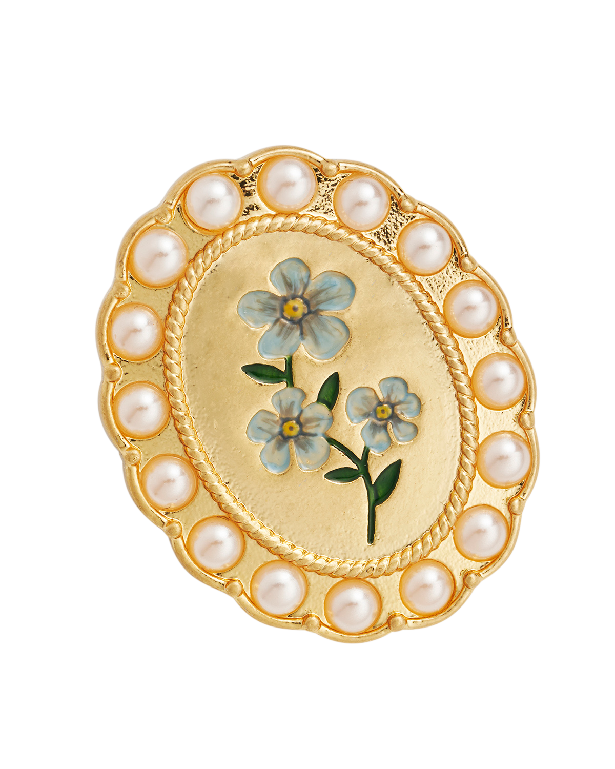 Gold brooch with floral design and pearl accents on a white background