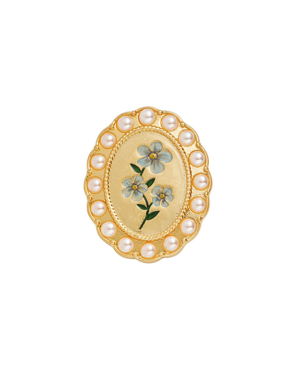 Gold brooch with floral design and pearl accents on a white background