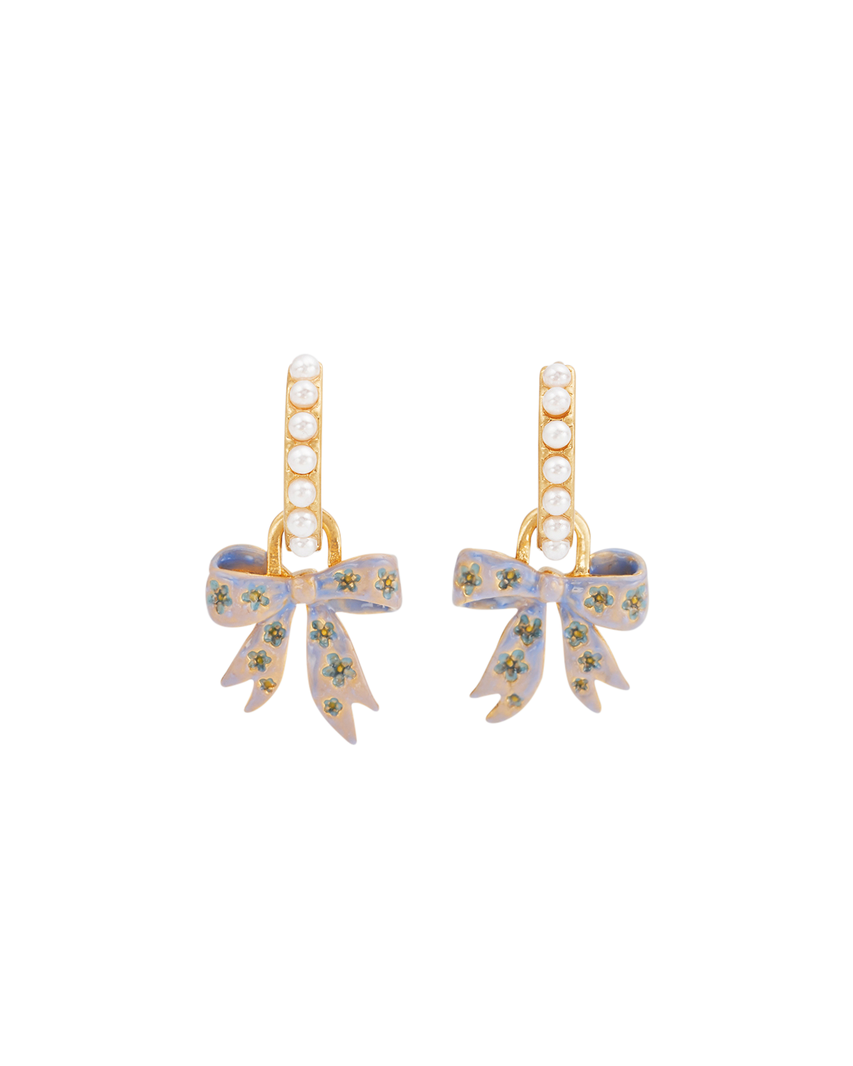 Gold Forget Me Not Bow Huggie Earrings on a white background