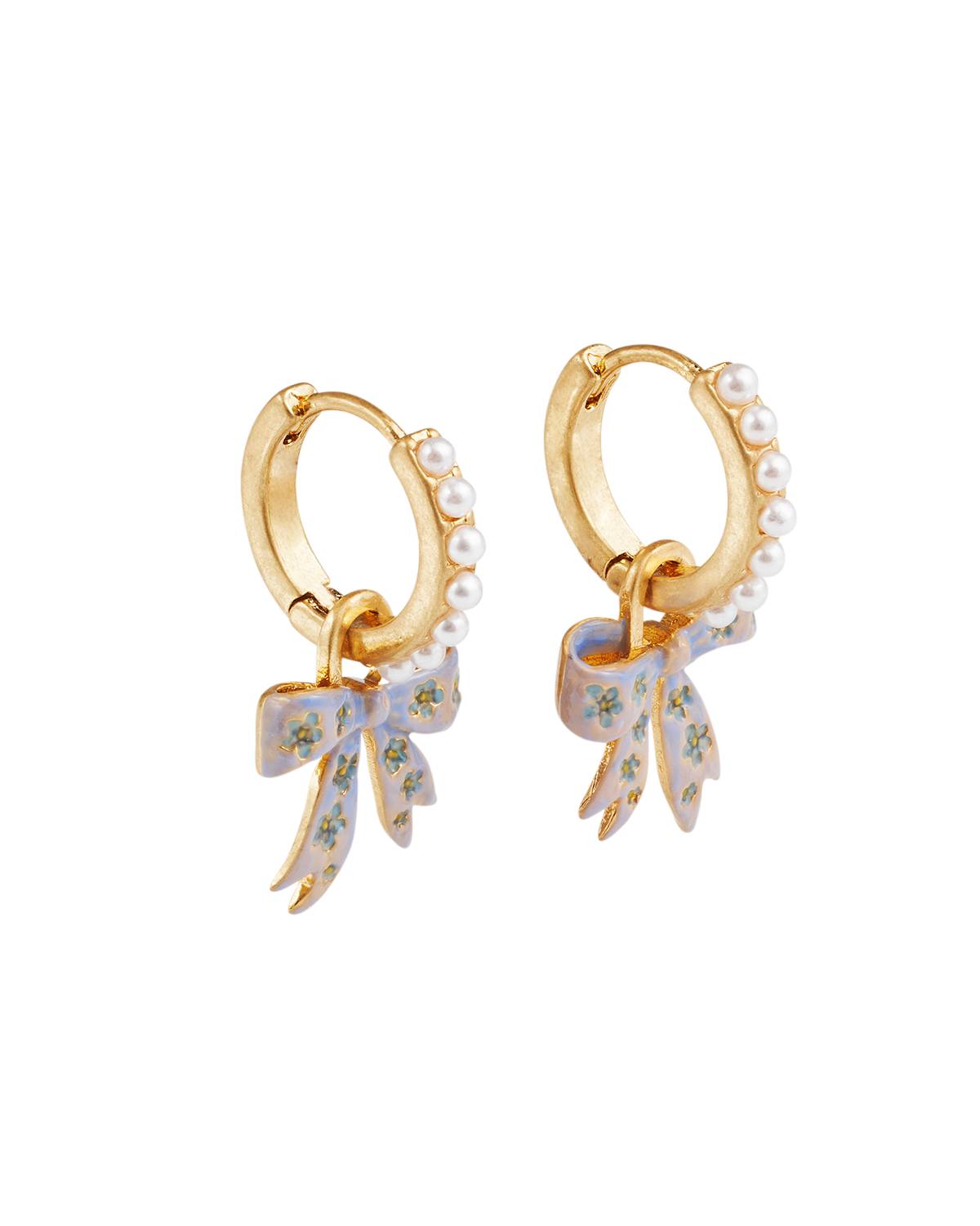 Gold Forget Me Not Bow Huggie Earrings on a white background