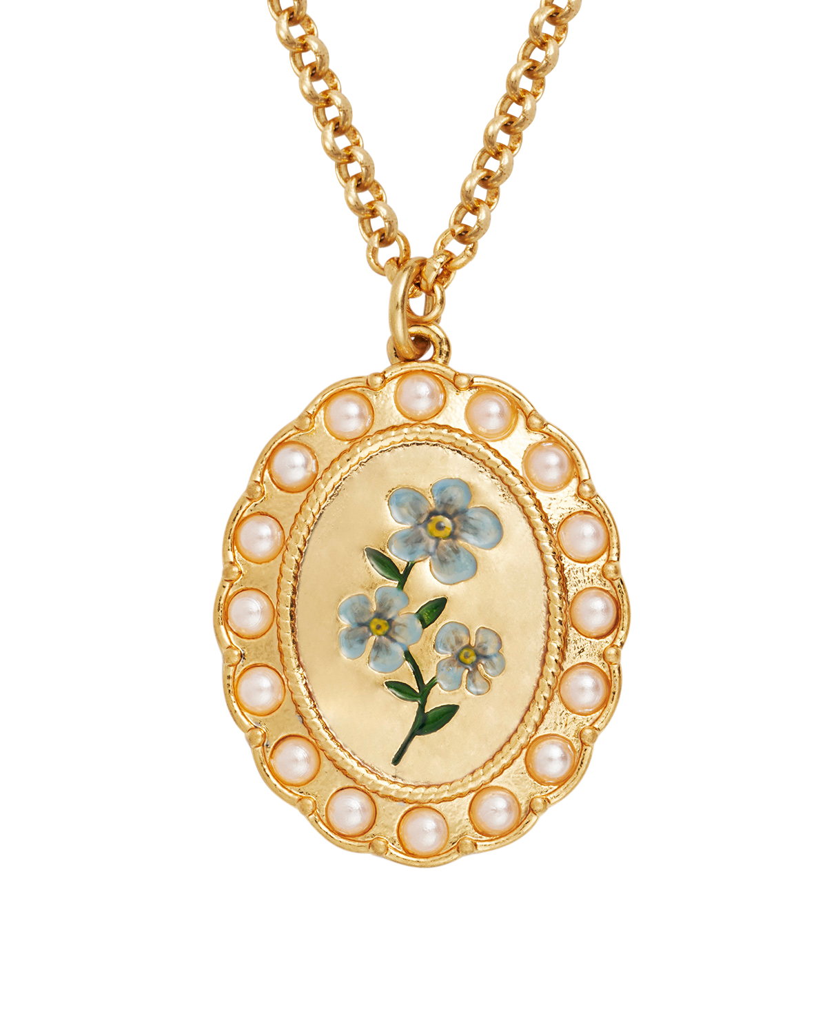 Gold Forget Me Not Pearl Cameo Necklace on a white background