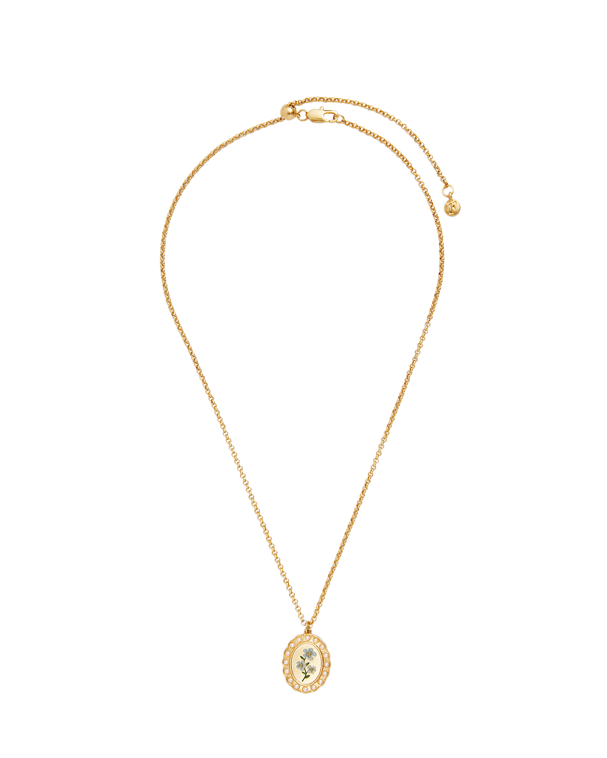 Gold Forget Me Not Pearl Cameo Necklace on a white background