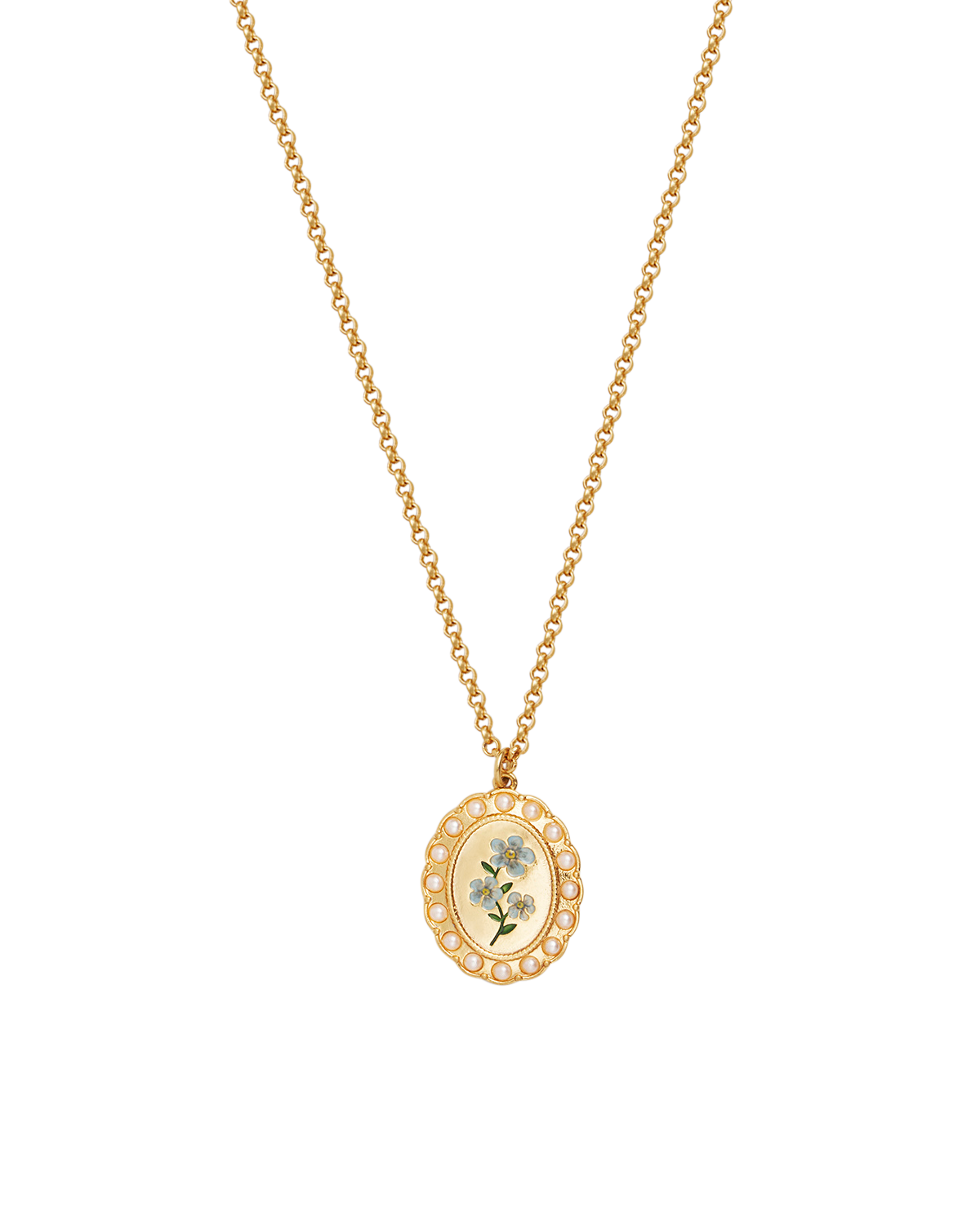 Gold Forget Me Not Pearl Cameo Necklace on a white background