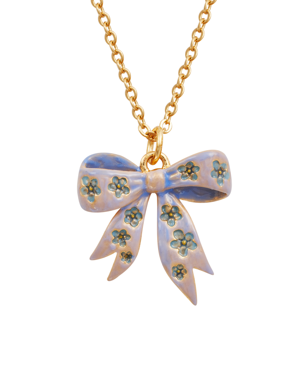 Gold Forget Me Not Bow Pendant Necklace on a white background
