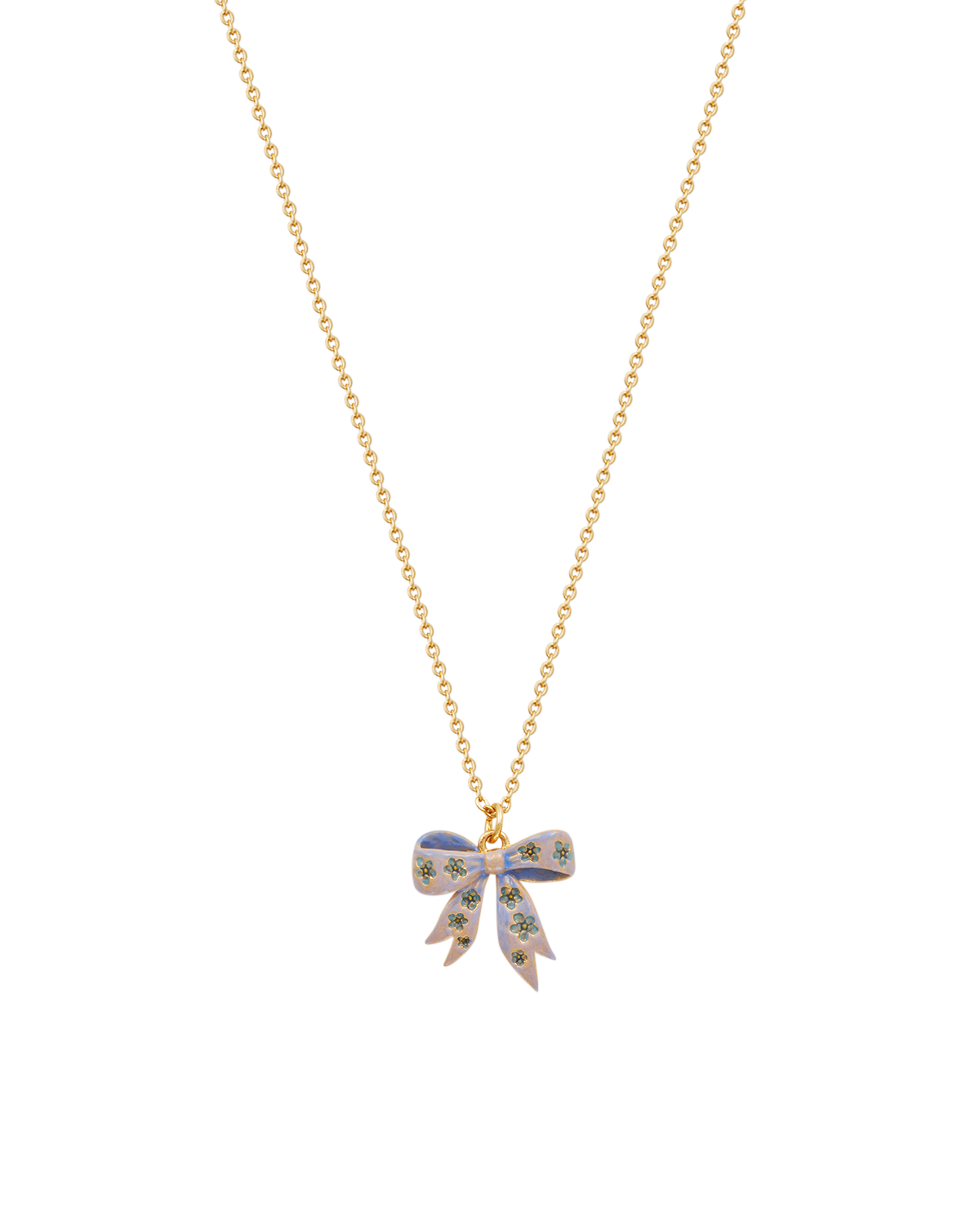 Gold Forget Me Not Bow Pendant Necklace on a white background