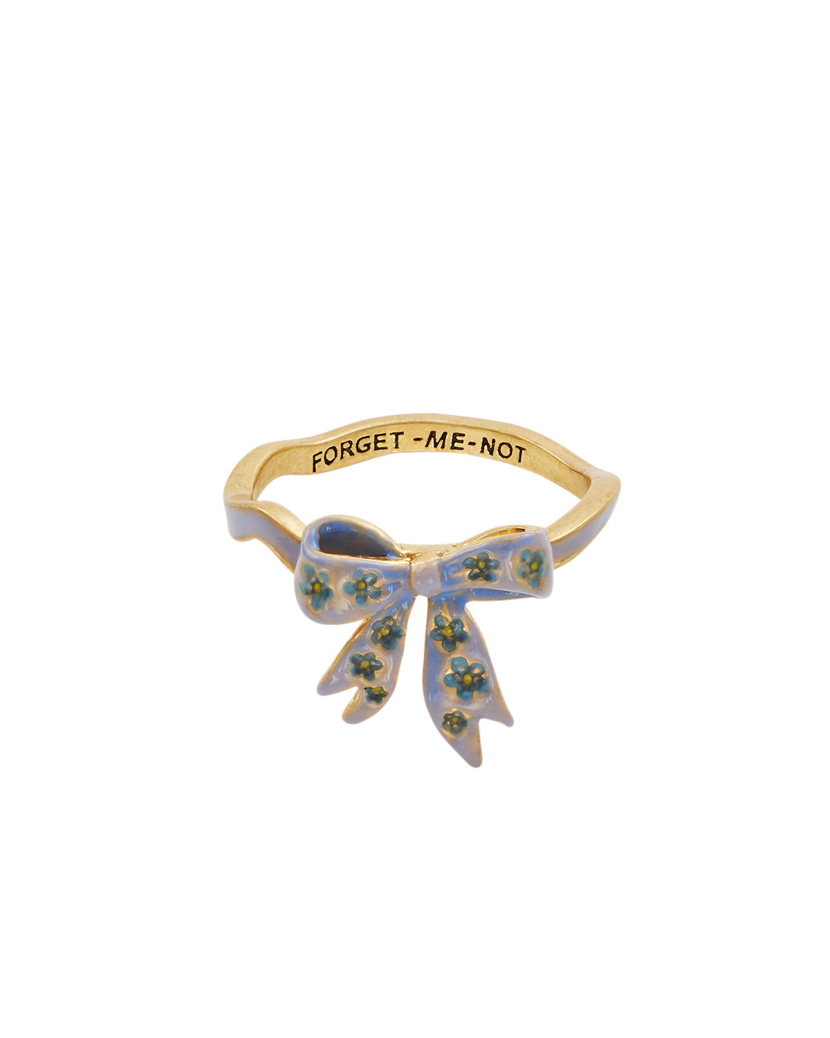 Gold ring with a blue bow and 'FORGET-ME-NOT' text on a white background