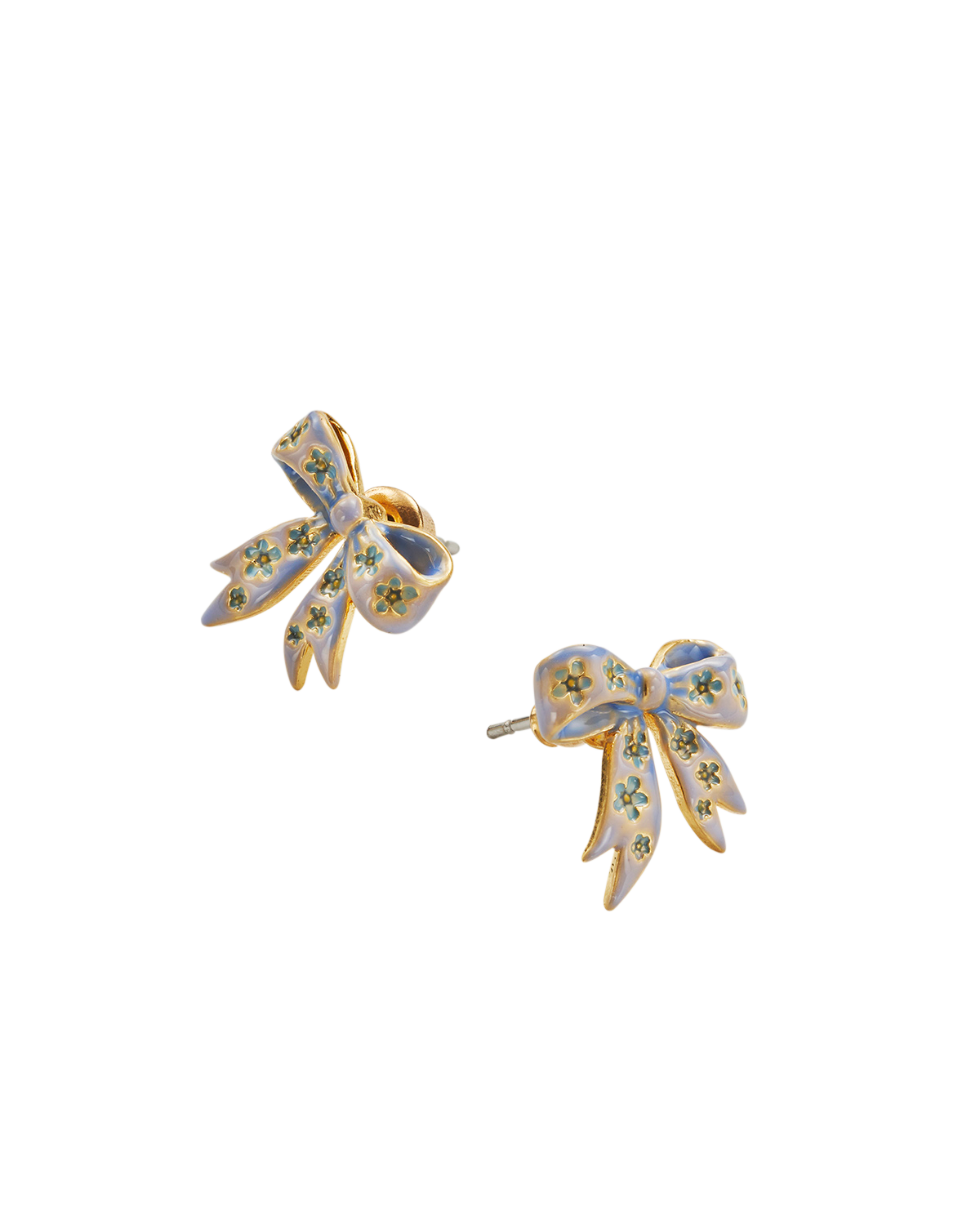 Gold Forget Me Not Bow Stud Earrings on a white background