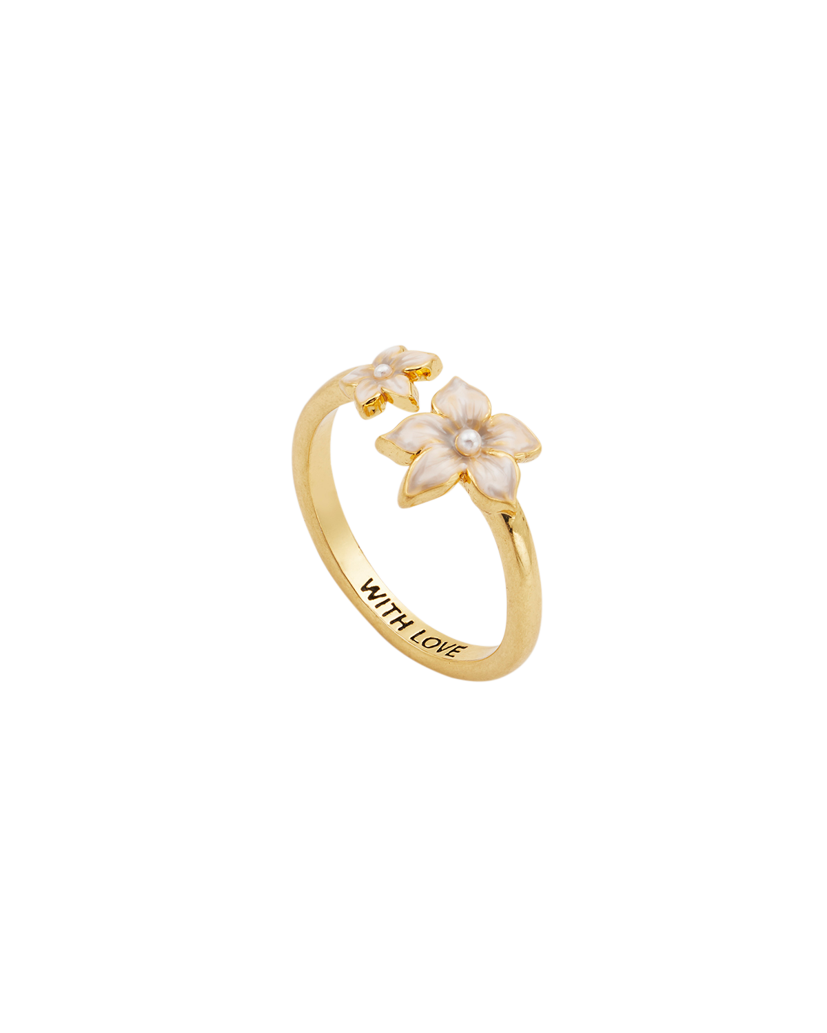 Gold ring with floral design and 'WITH LOVE' engraving on a white background