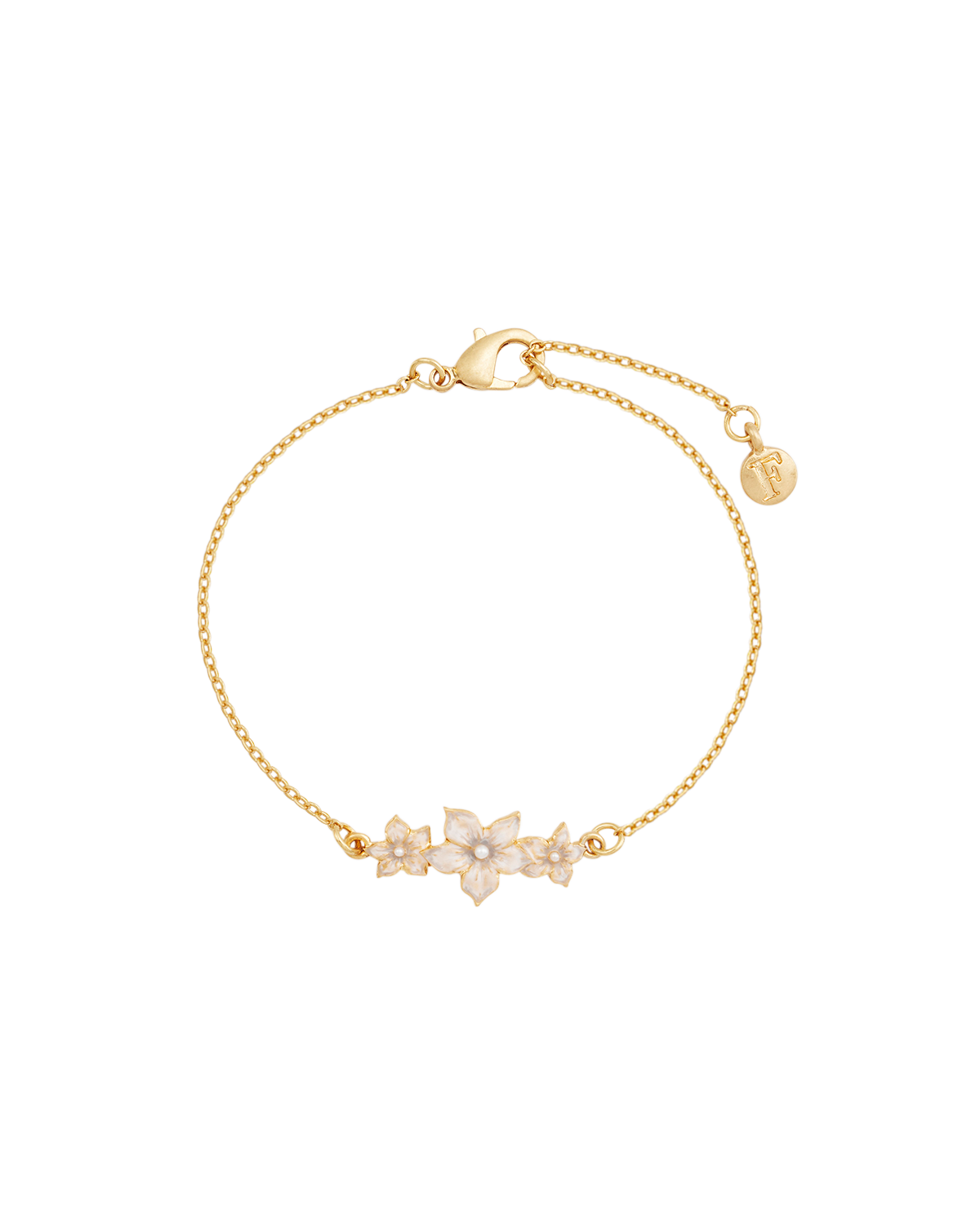 Gold bracelet with floral design on a white background