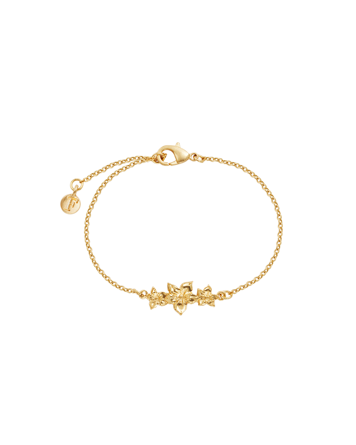 Gold bracelet with floral design on a white background