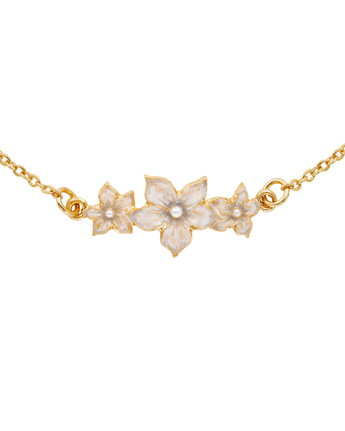 Gold necklace with floral designs on a white background