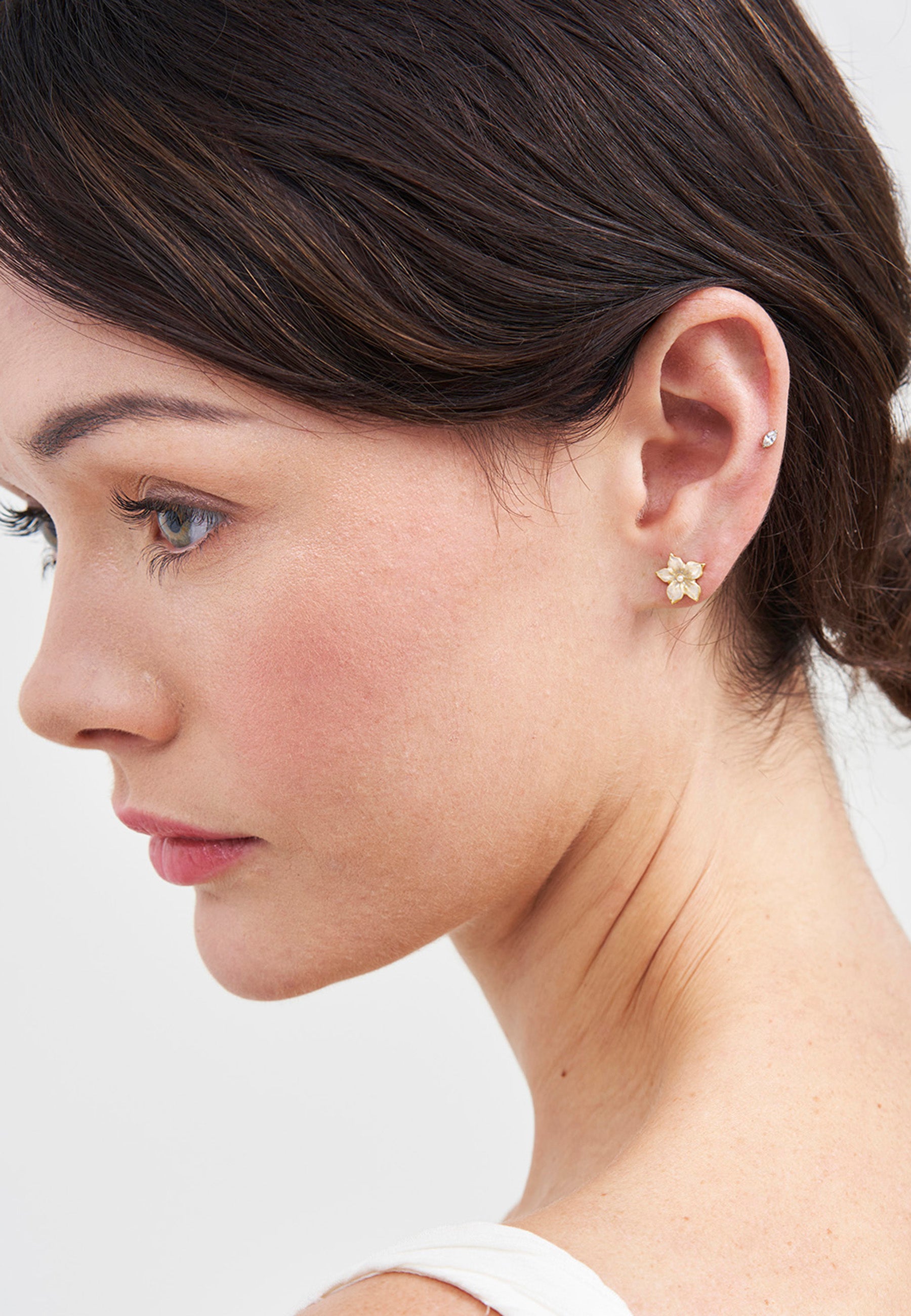 Gold Jasmine & Pearl Stud Earrings on a white background