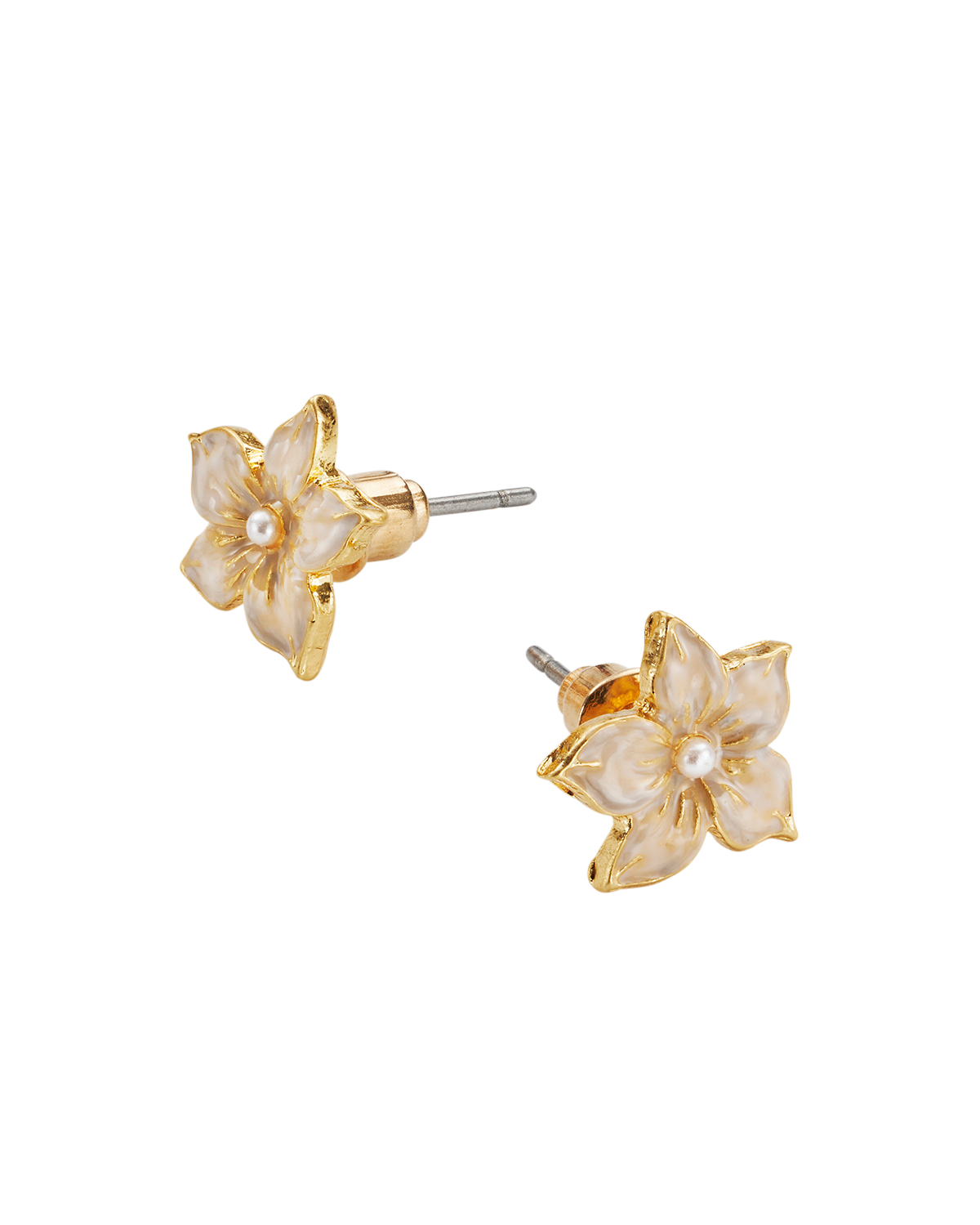 Gold Jasmine & Pearl Stud Earrings on a white background