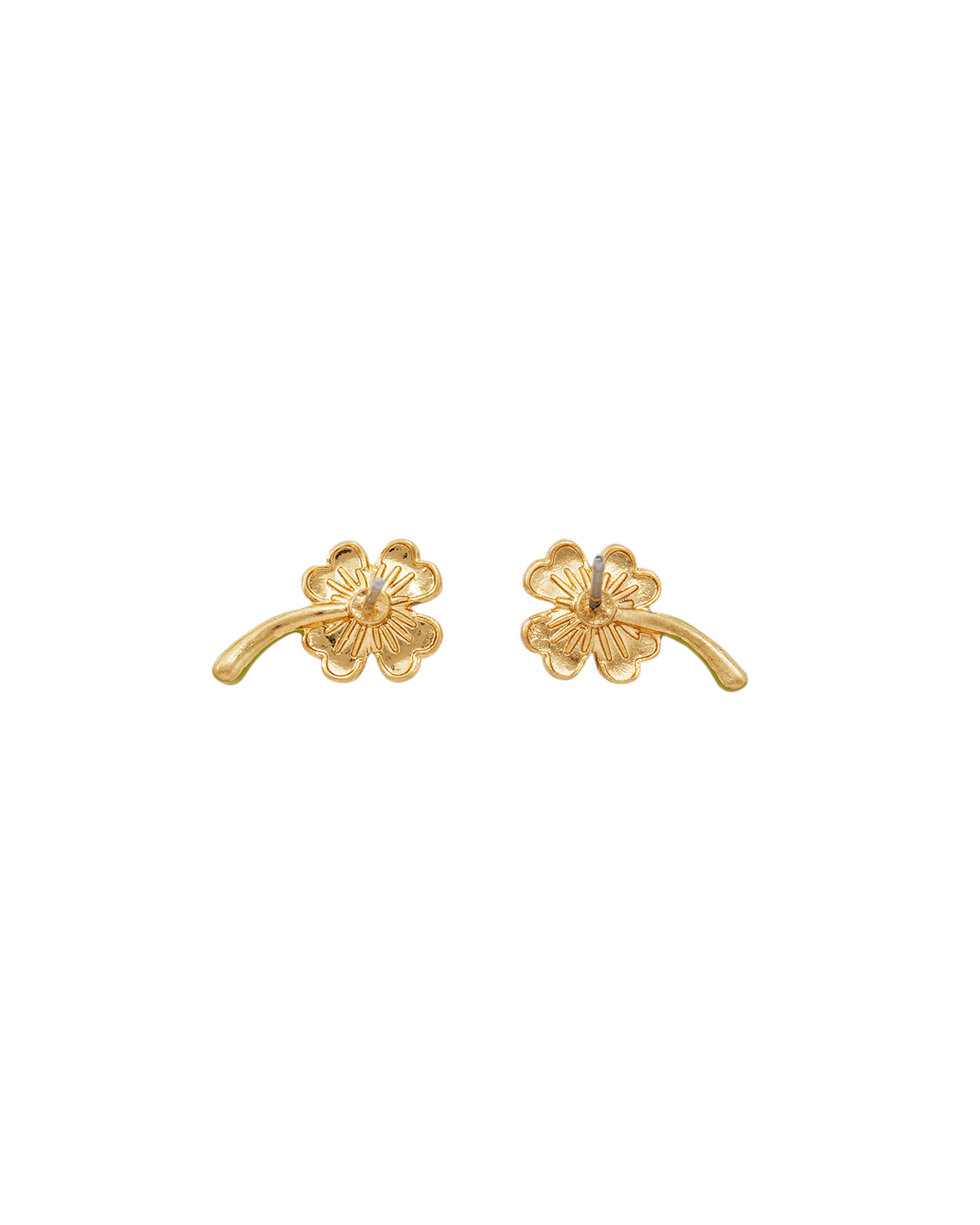 Gold clover-shaped earrings on a white background