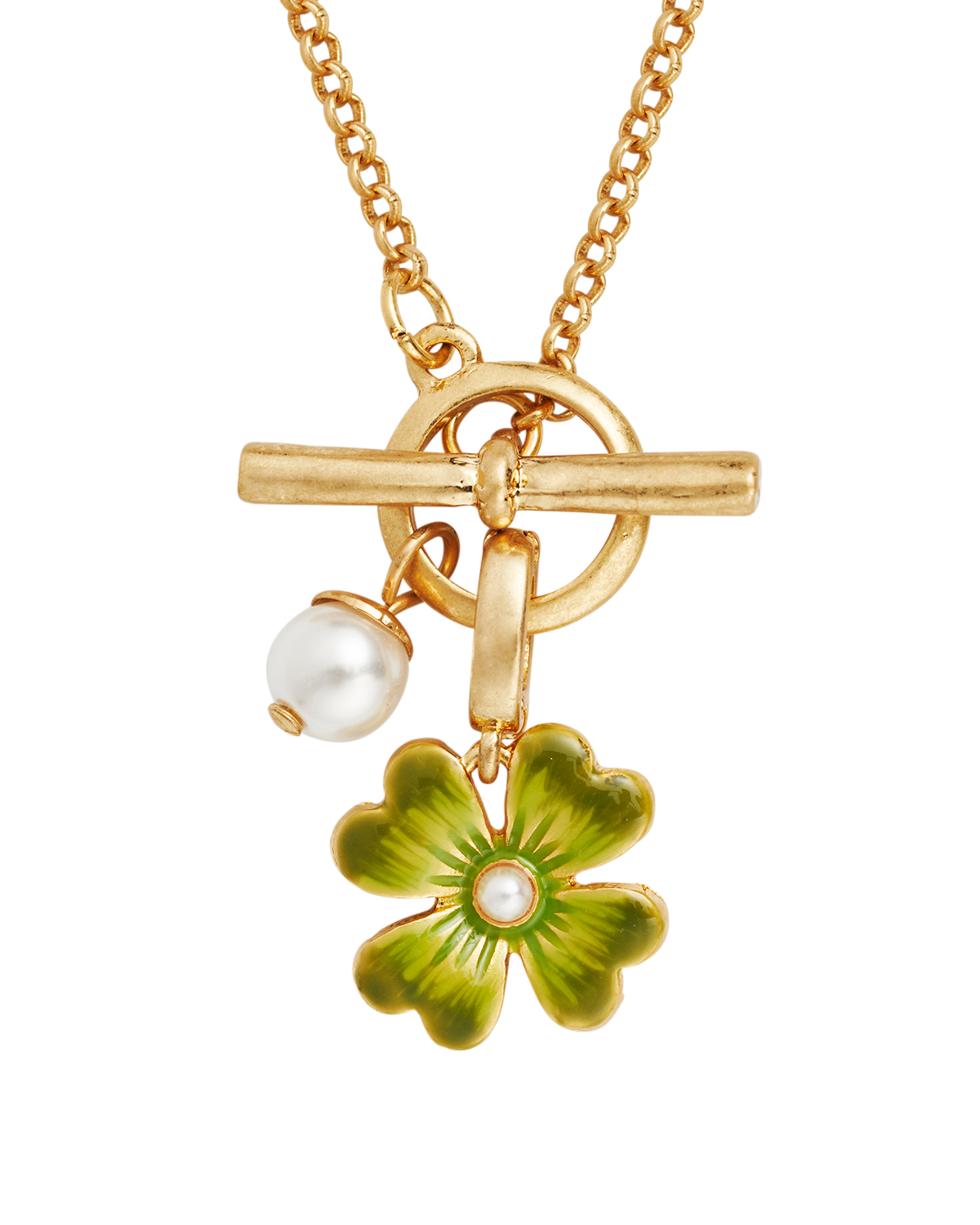 Gold Lucky Clover & Pearl Toggle Necklace