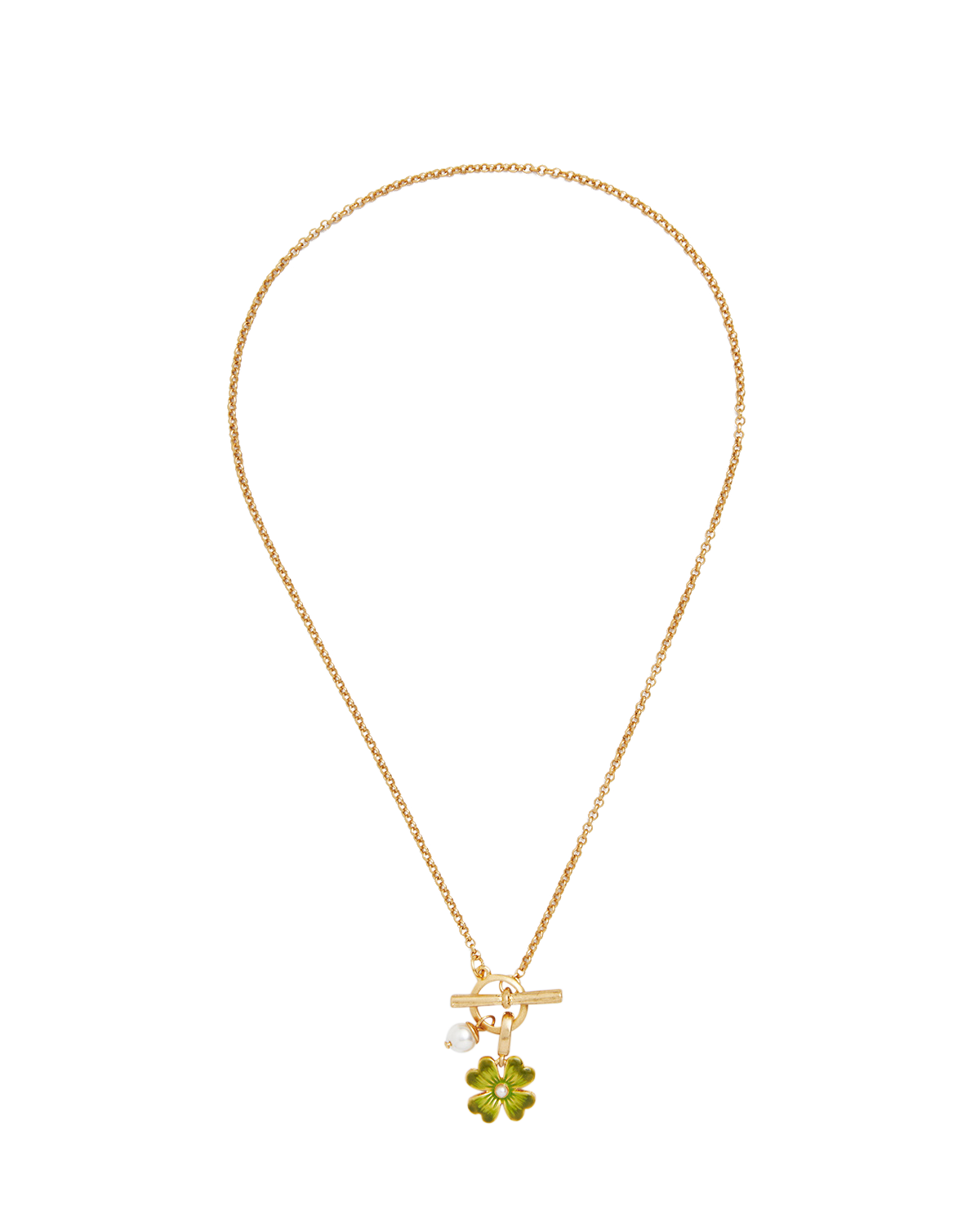 Gold Lucky Clover & Pearl Toggle Necklace