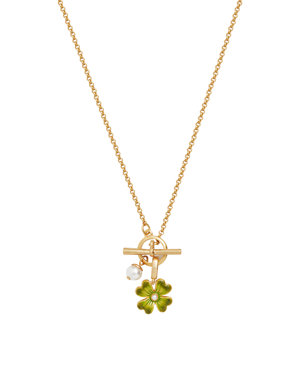 Gold Lucky Clover & Pearl Toggle Necklace