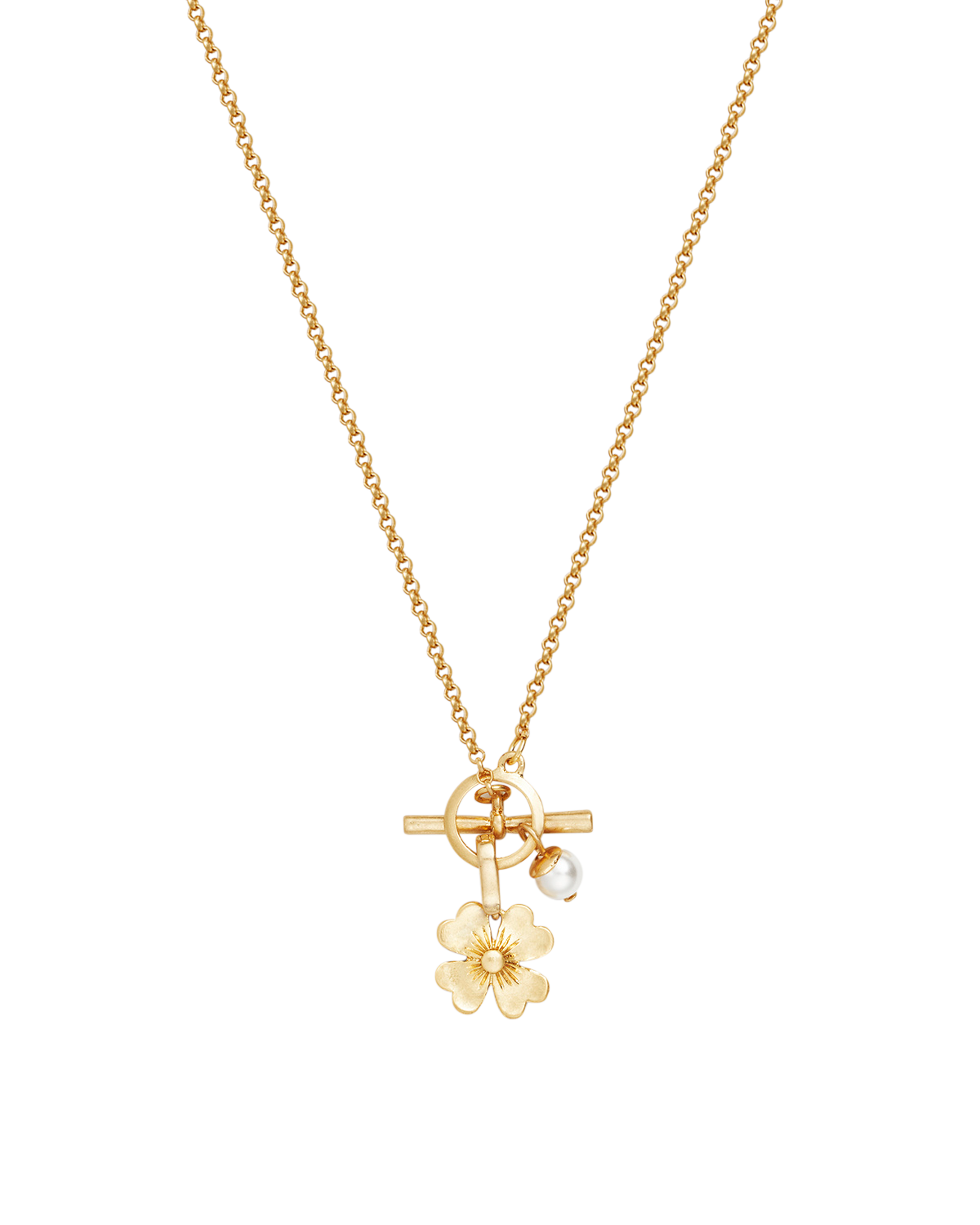 Gold Lucky Clover & Pearl Toggle Necklace