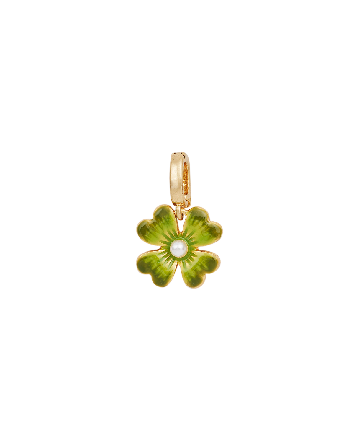 Gold pendant with a green lucky clover design on a white background