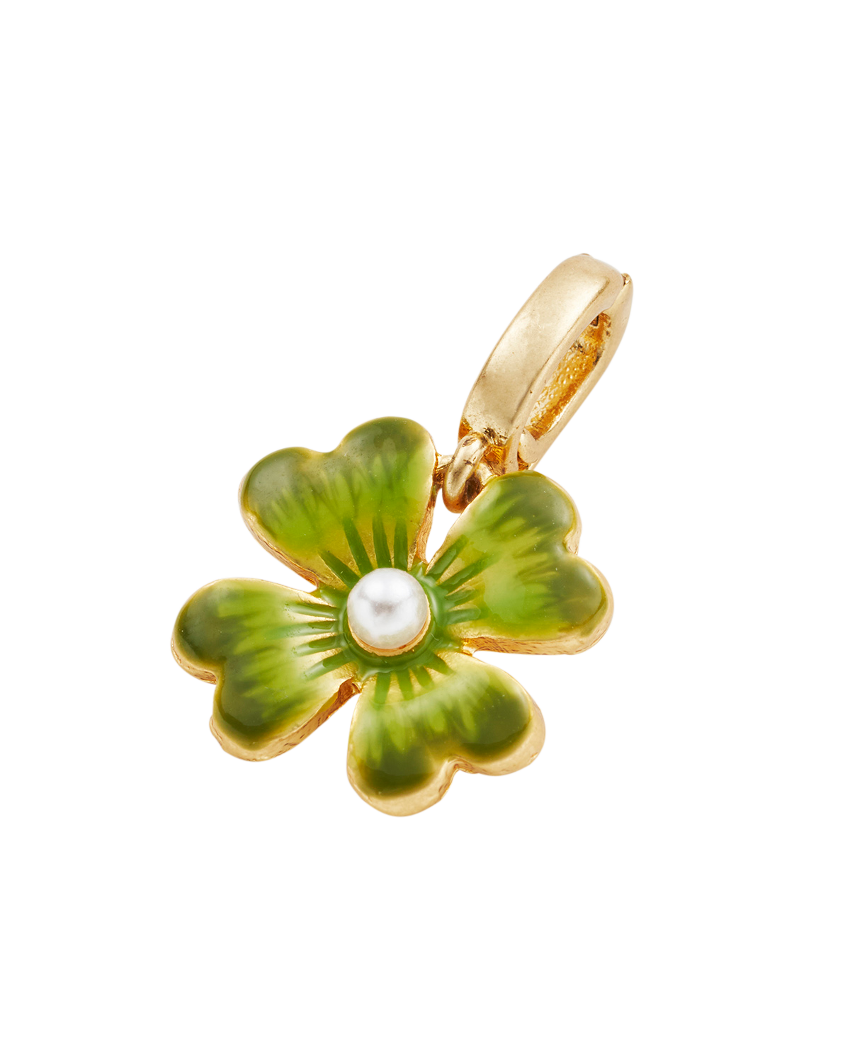 Gold pendant with green lucky clover design and pearl center on a white background