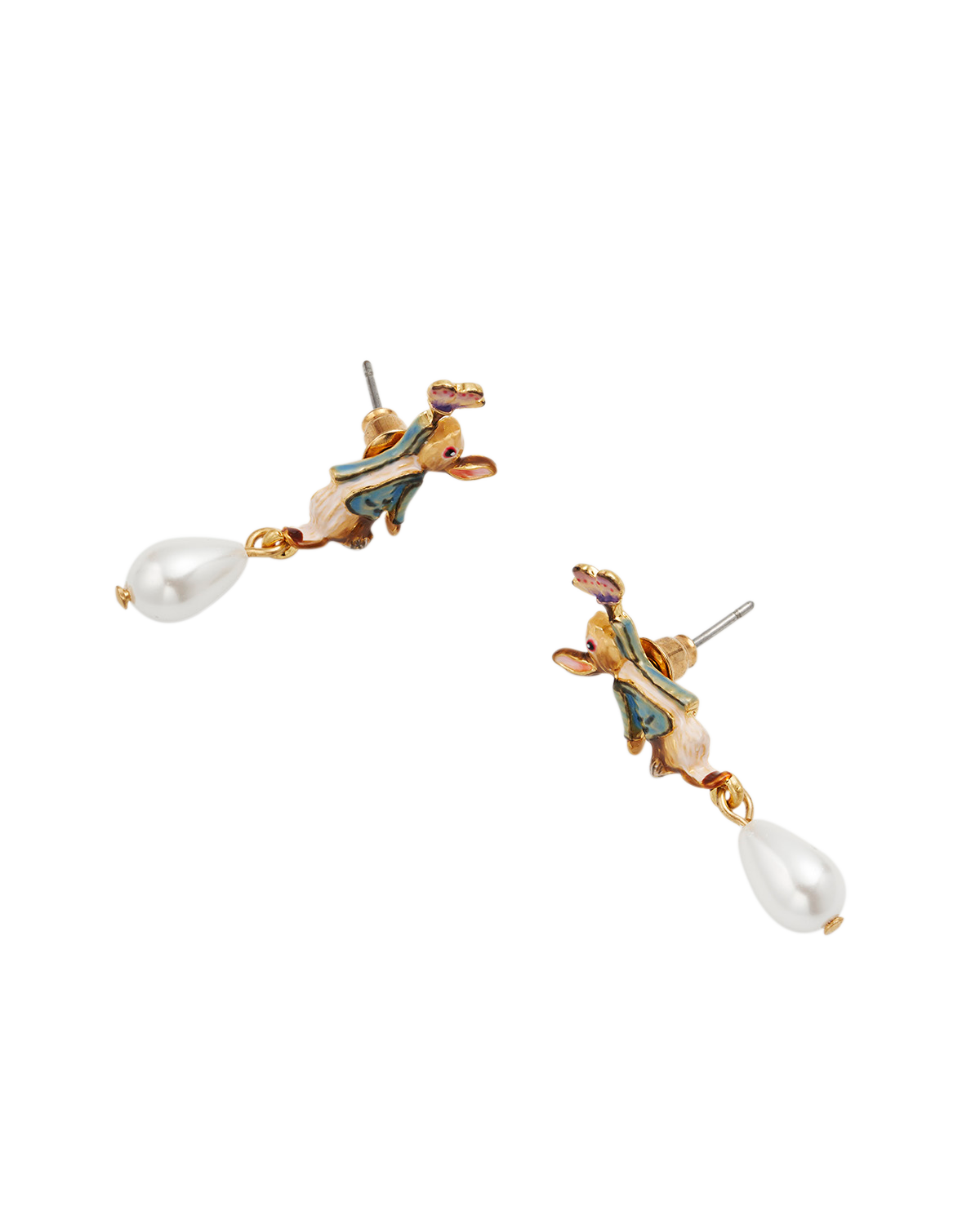 Pair of earrings with decorative elements and pearl-like drops on a white background