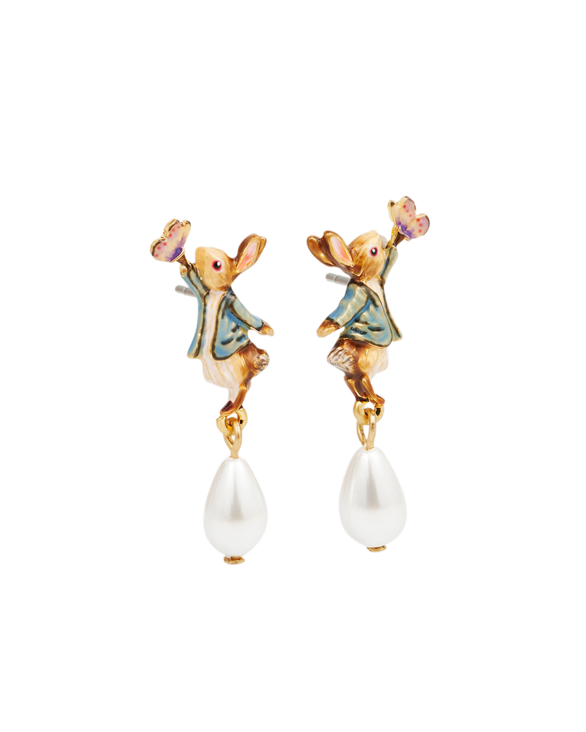 Gold enamel peter rabbit pearl drop stud earrings