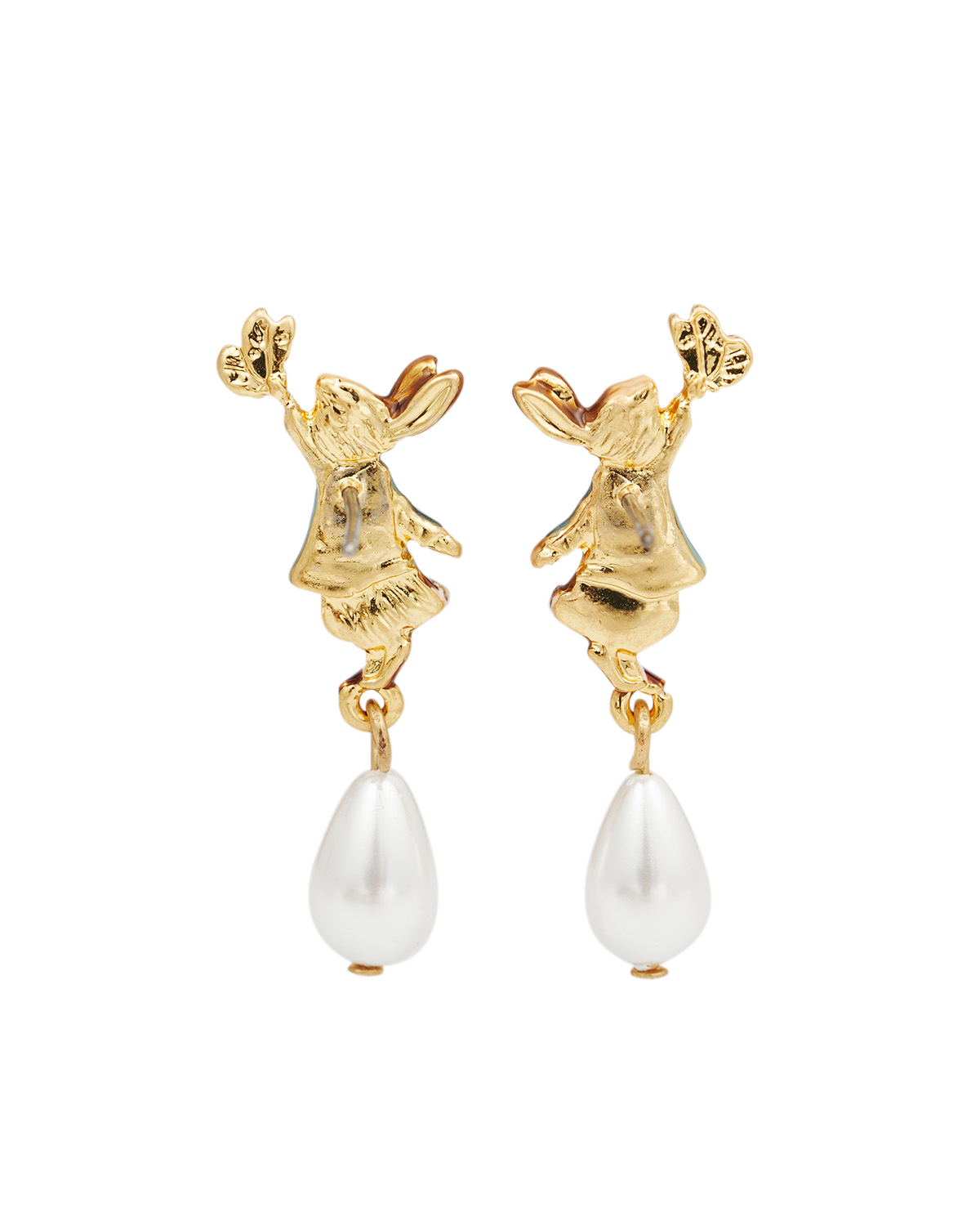 back of Gold earrings with Peter rabbit and pearl drops on a white background