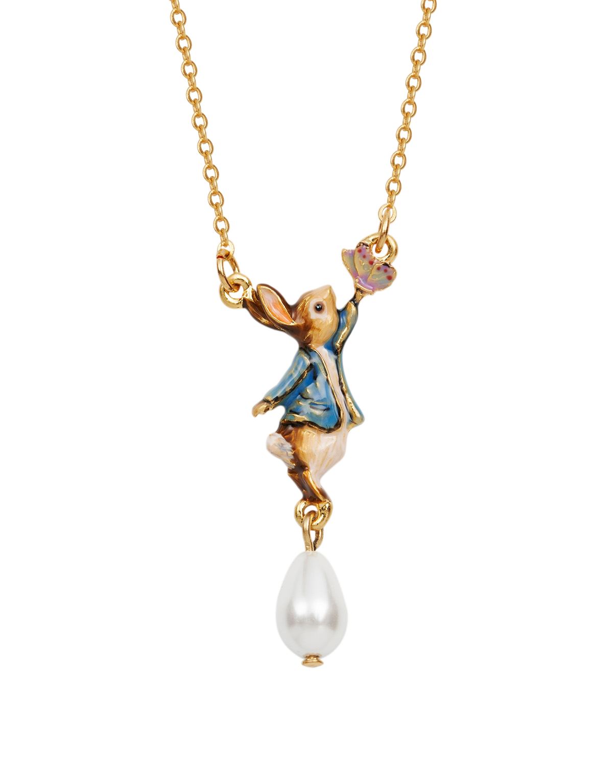 Gold necklace with a peter rabbit pendant and pearl drop on a white background