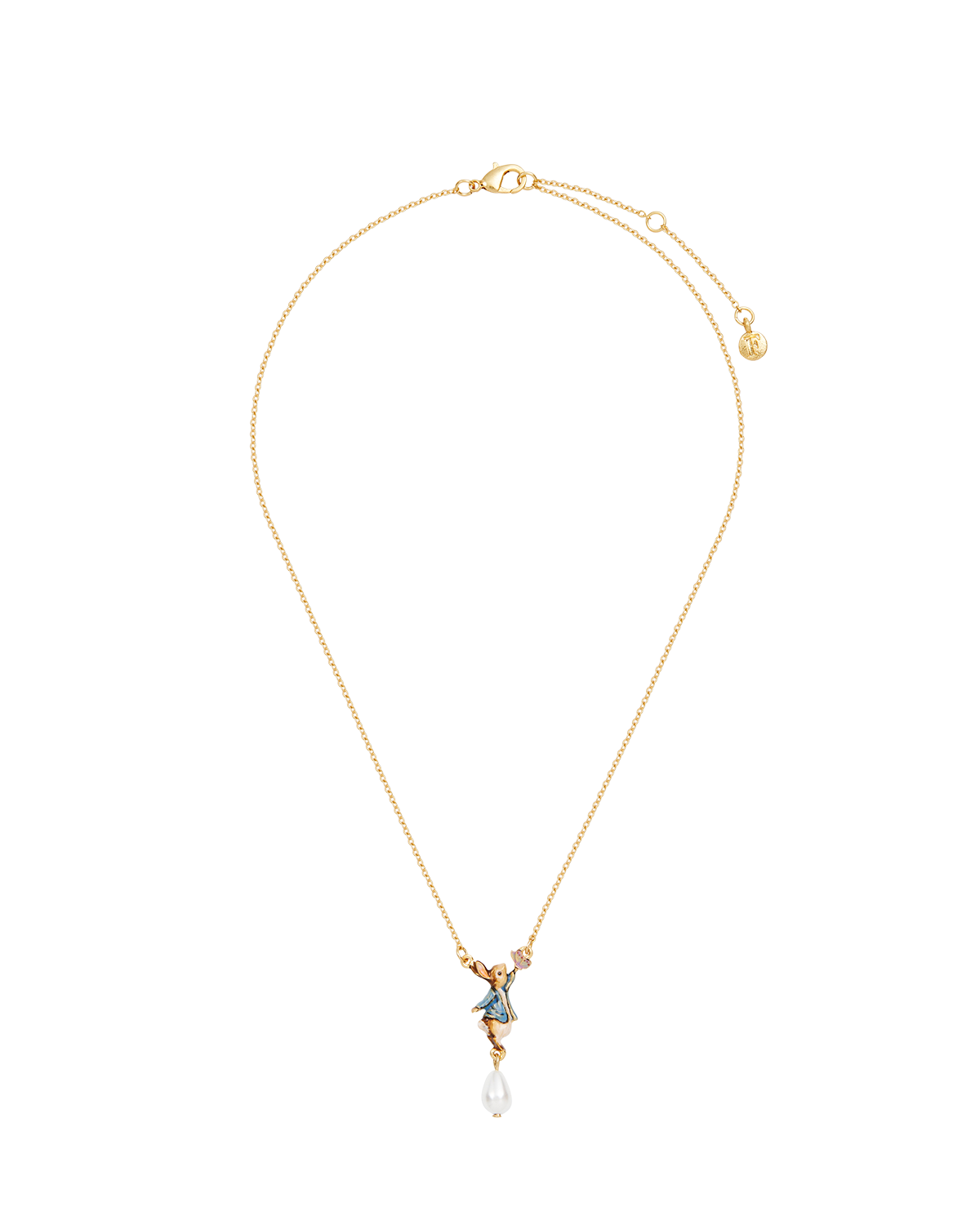 Gold necklace with a peter rabbit enamel pendant on a white background