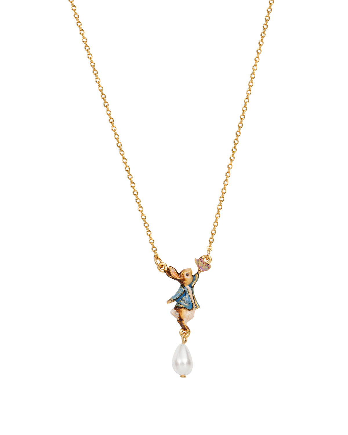 Gold necklace with peter rabbit and a pearl on a white background