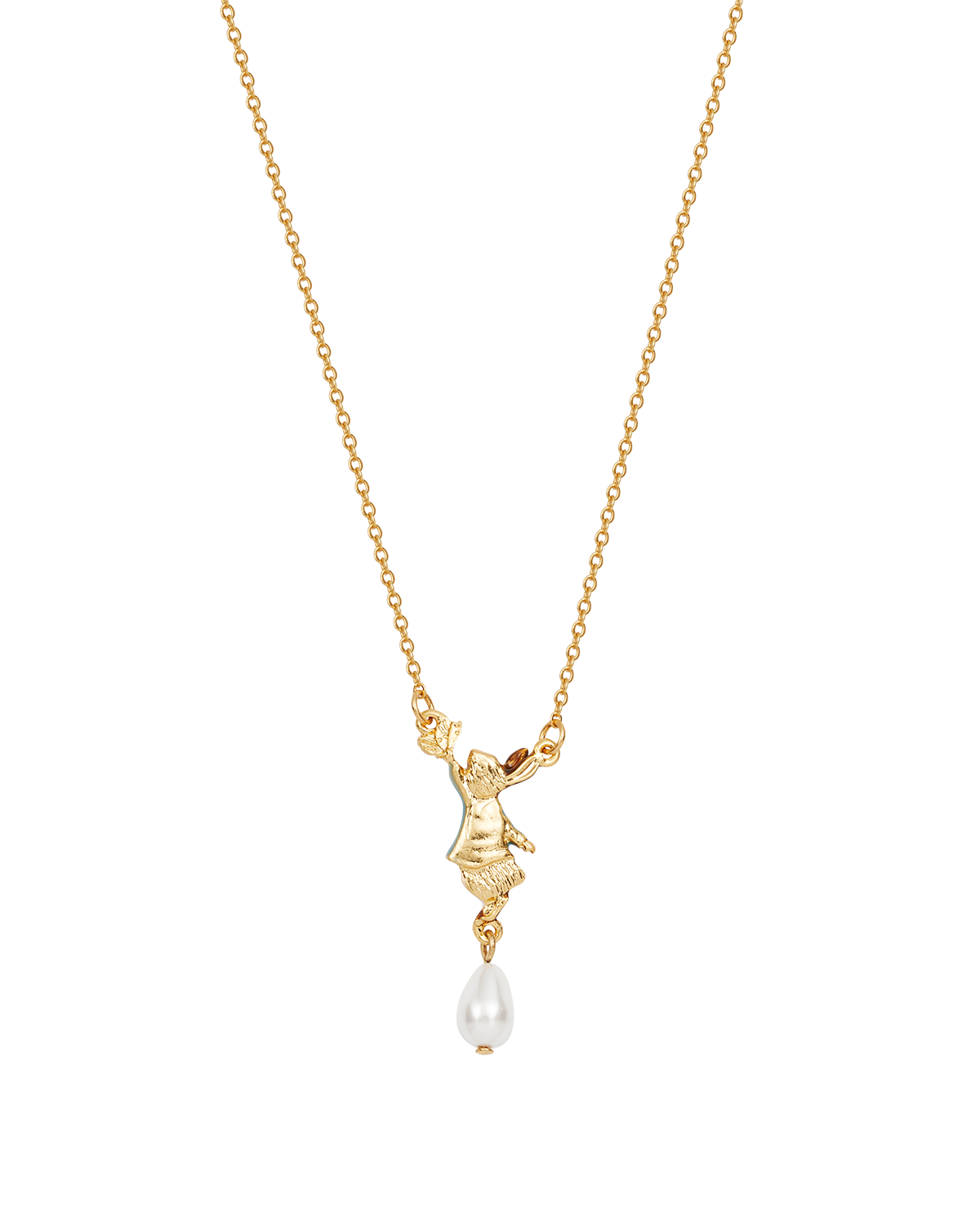 Gold necklace with a peter rabbit figure pendant and pearl on a white background