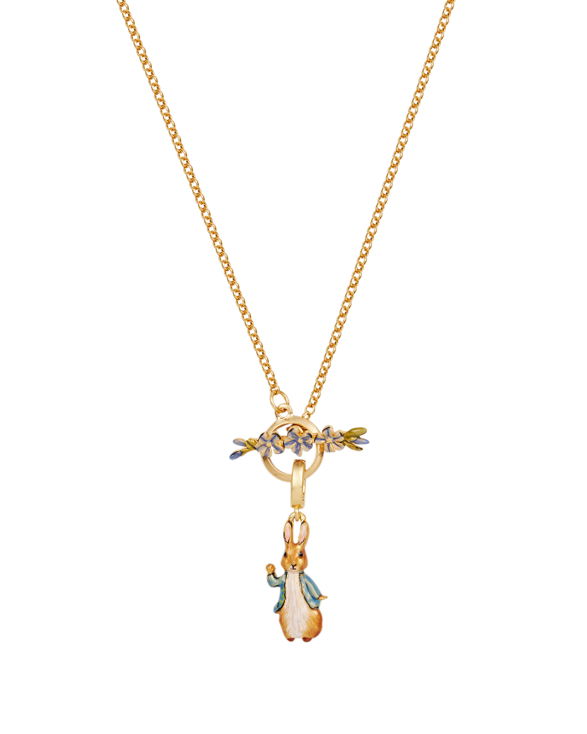 Gold necklace with a enamel peter rabbit pendant on a white background