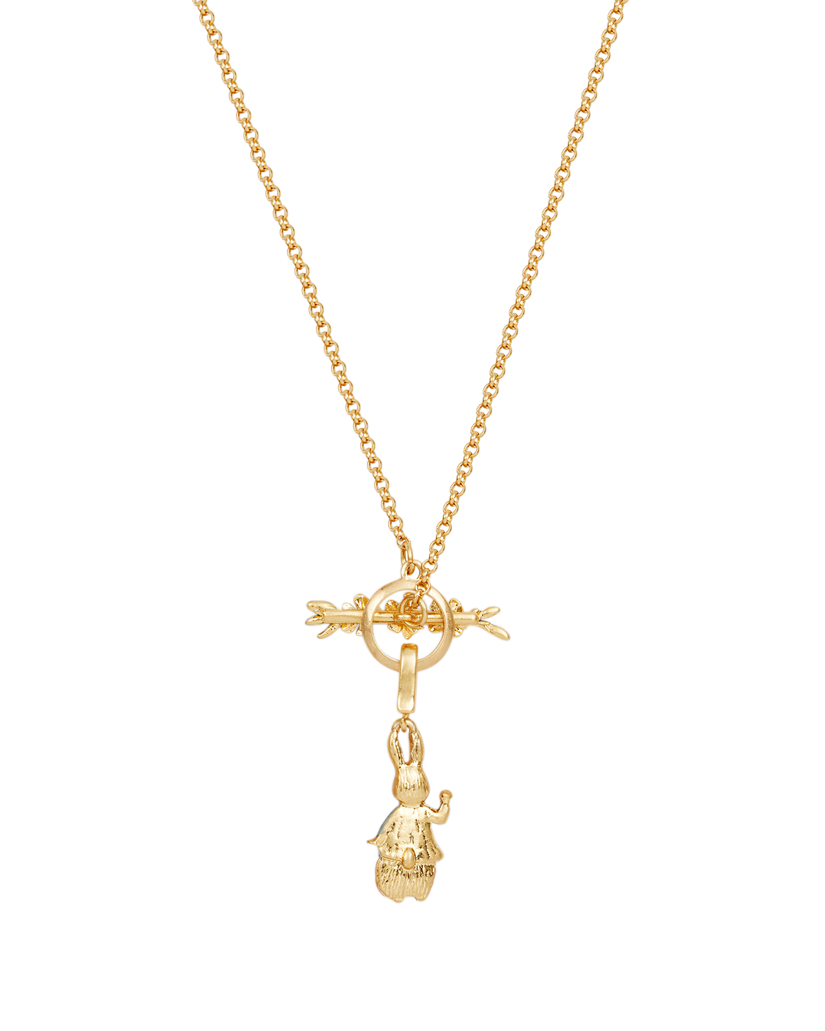 Gold necklace with peter rabbit pendant on a white background