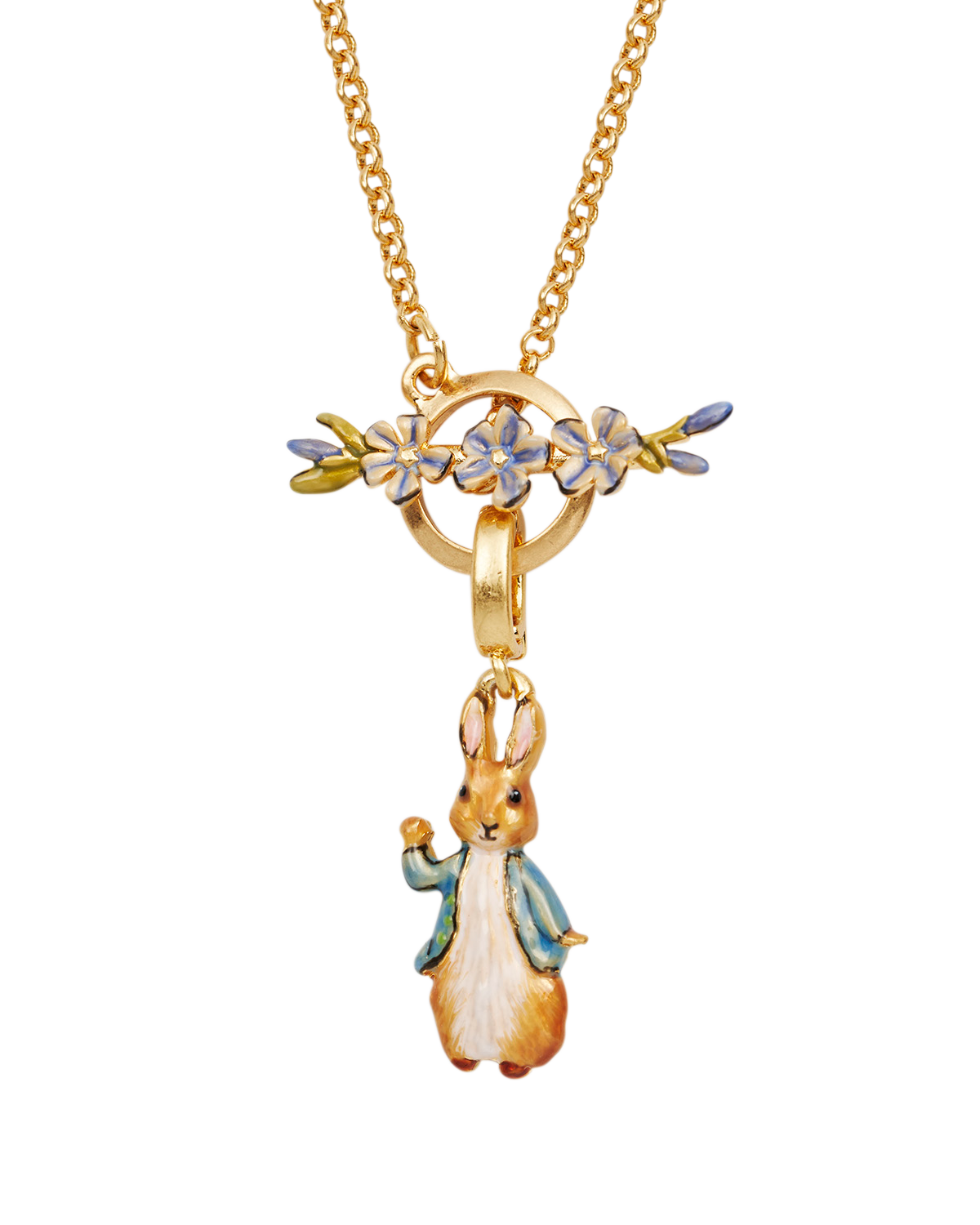Gold necklace with peter rabbit pendant and floral elements on a white background