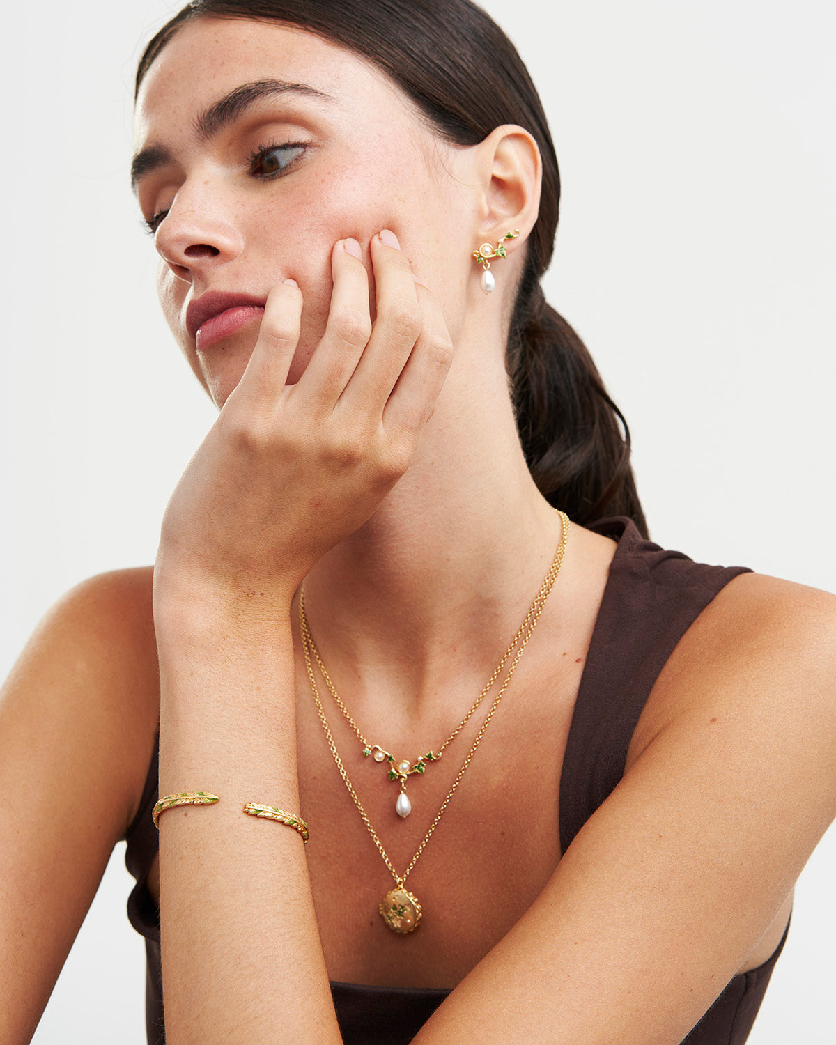 Ivy & Pearl Climber Earrings in Gold
