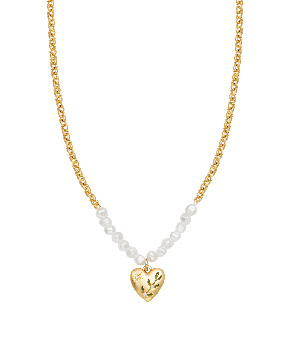 Niva Mistletoe Heart & Pearl Necklace in Gold