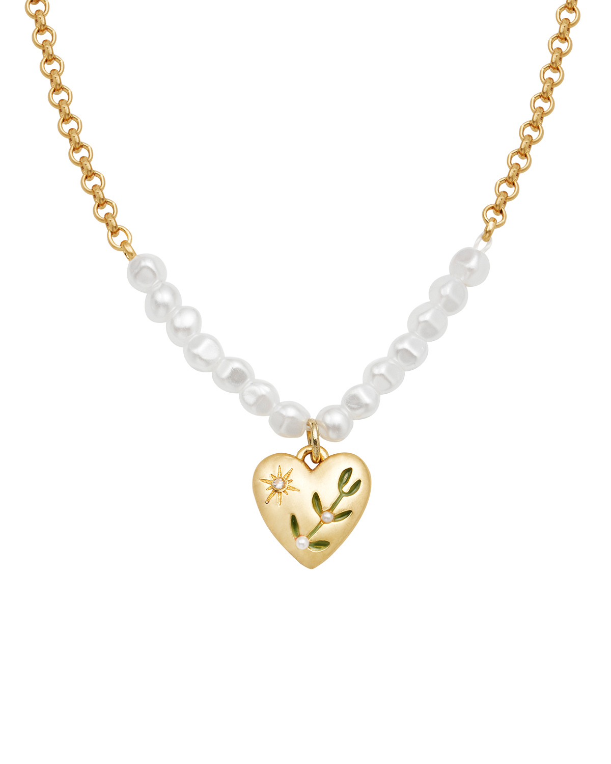 Niva Mistletoe Heart & Pearl Necklace in Gold