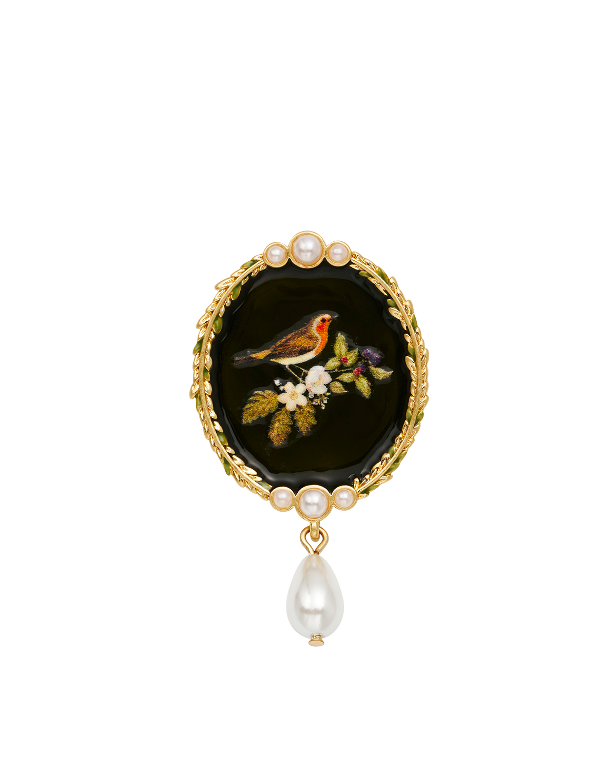 Robin Bramble & Pearl Brooch in Gold