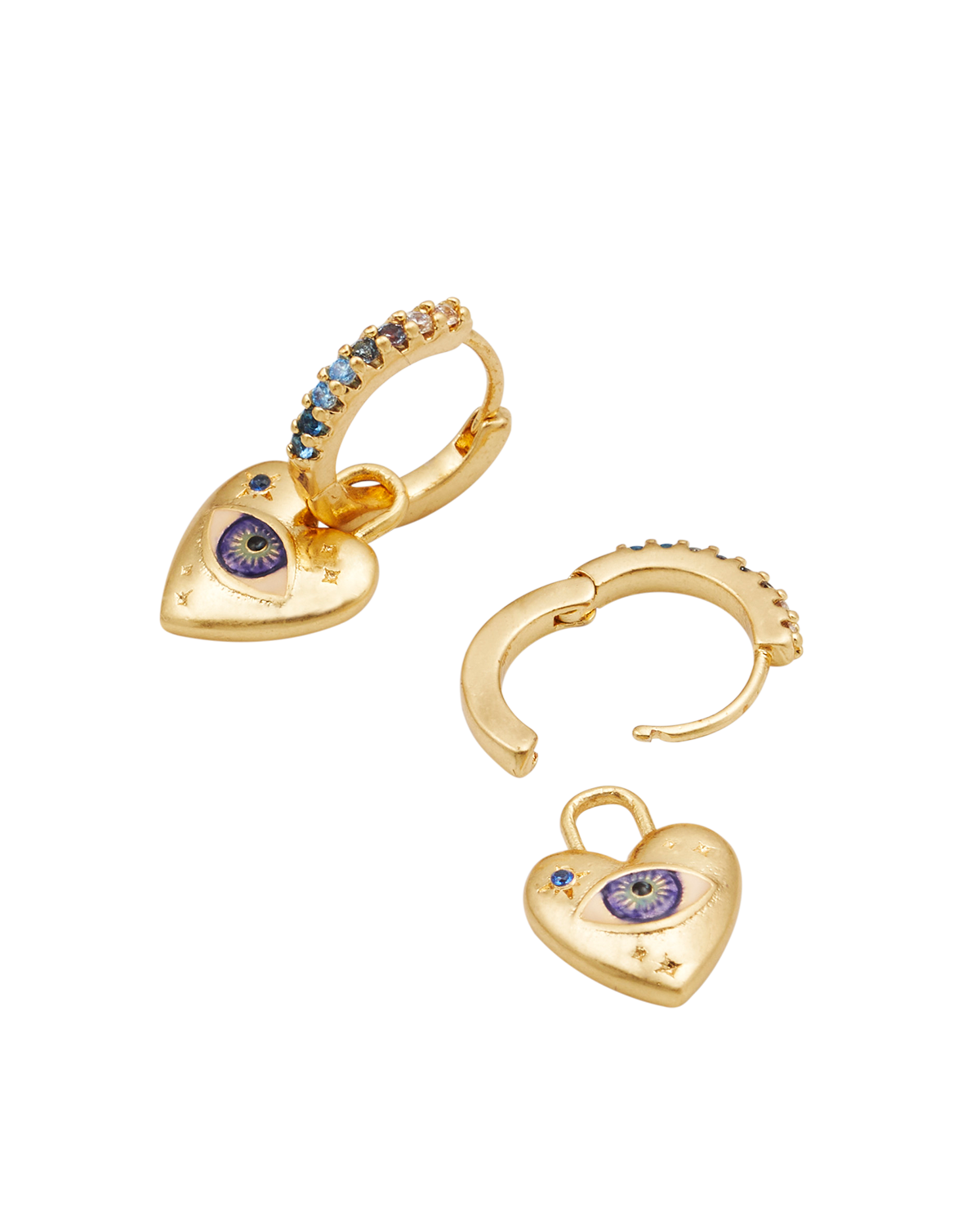 Talisman Eye & Heart Charm Huggie Earrings in Gold