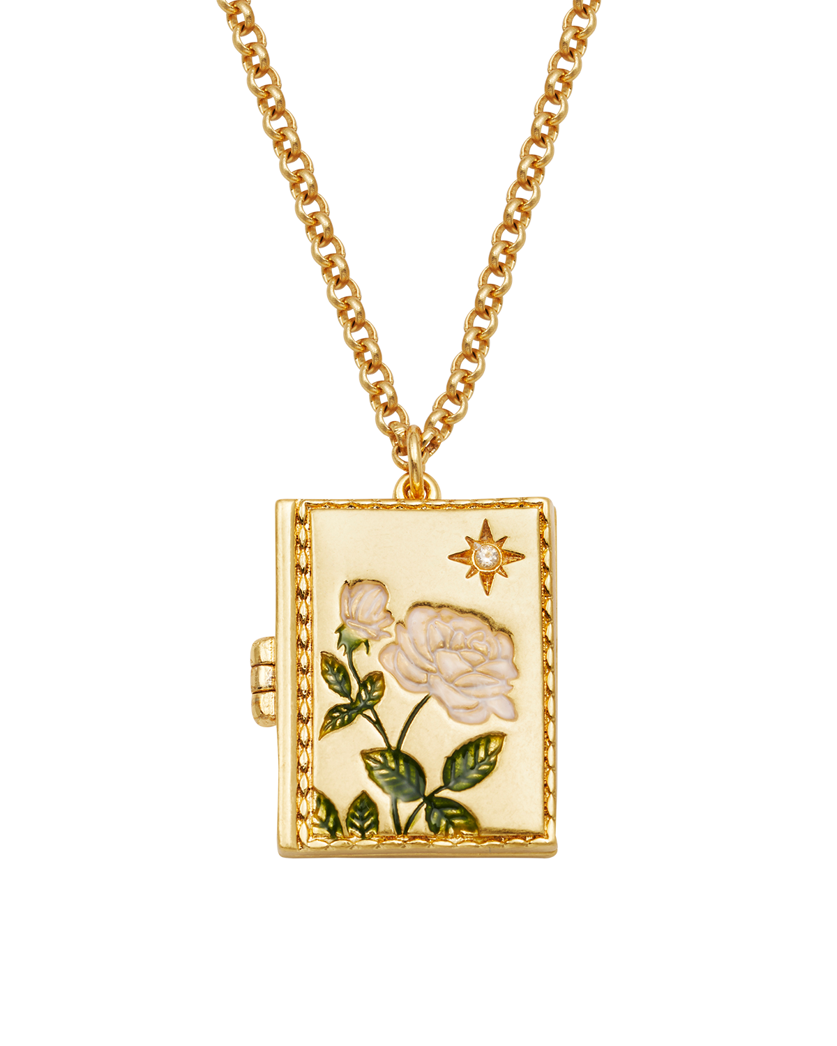 White English Rose Locket Necklace in Gold