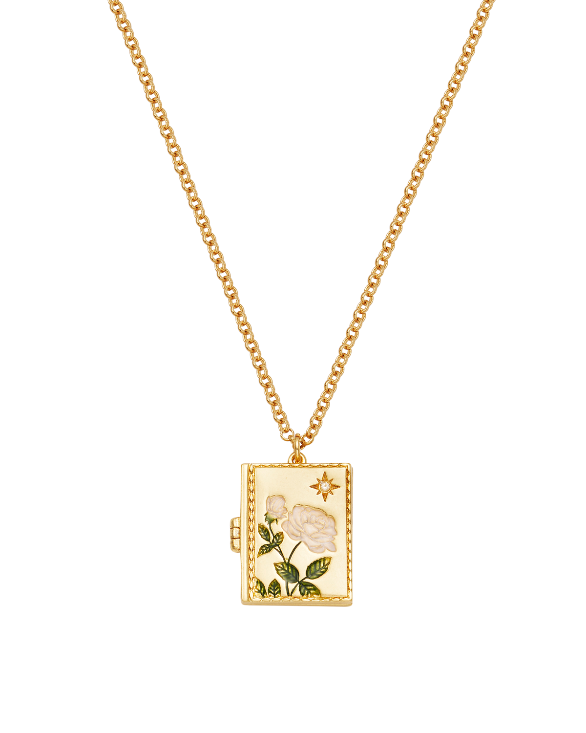White English Rose Locket Necklace in Gold