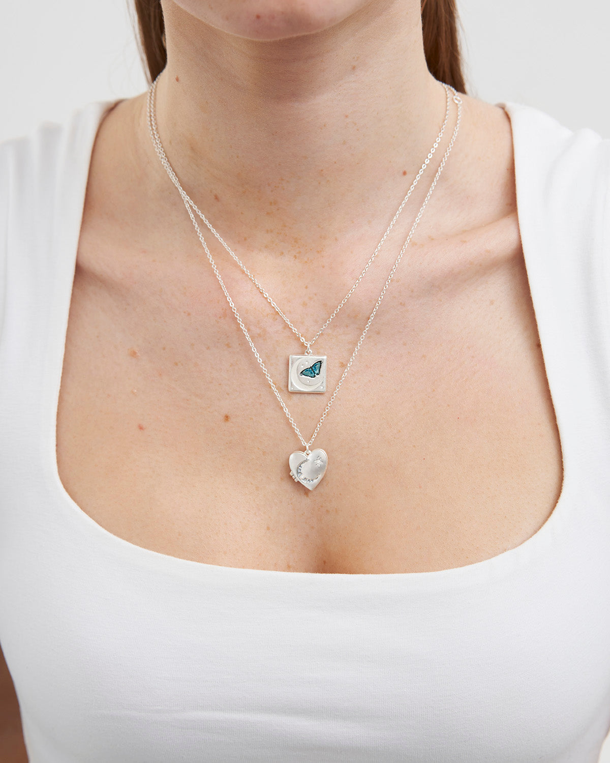 Selene Moon & Periwinkle Locket Necklace in Silver