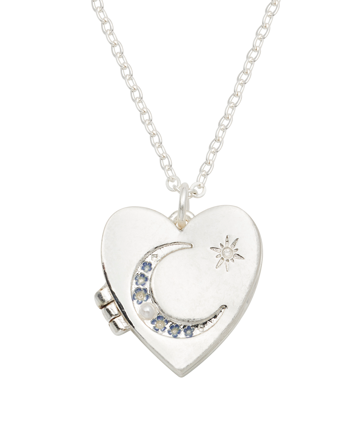 Selene Moon & Periwinkle Locket Necklace in Silver
