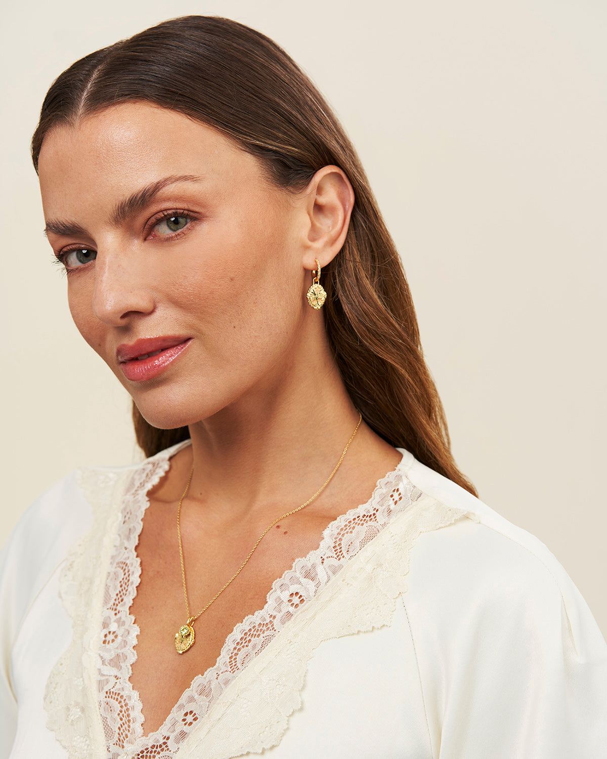 August Birthstone Gladiolus Huggie Earrings – model shot